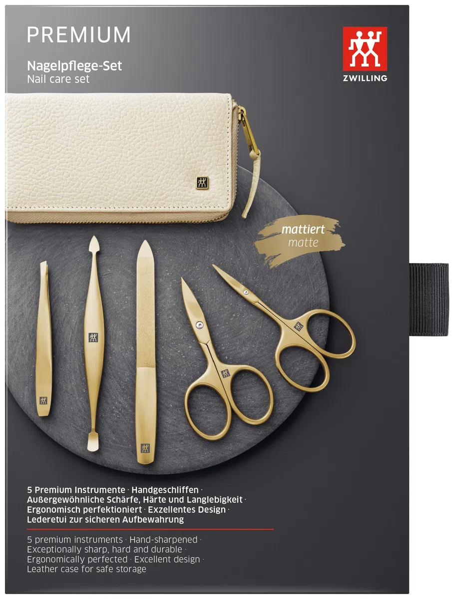 ZWILLING Maniküre-Set (3- oder 5-teilig, Echtleder-Etui, Reiseset mit Nagelschere, Kombischere und Pflegezubehör), Premium, Gold Edition