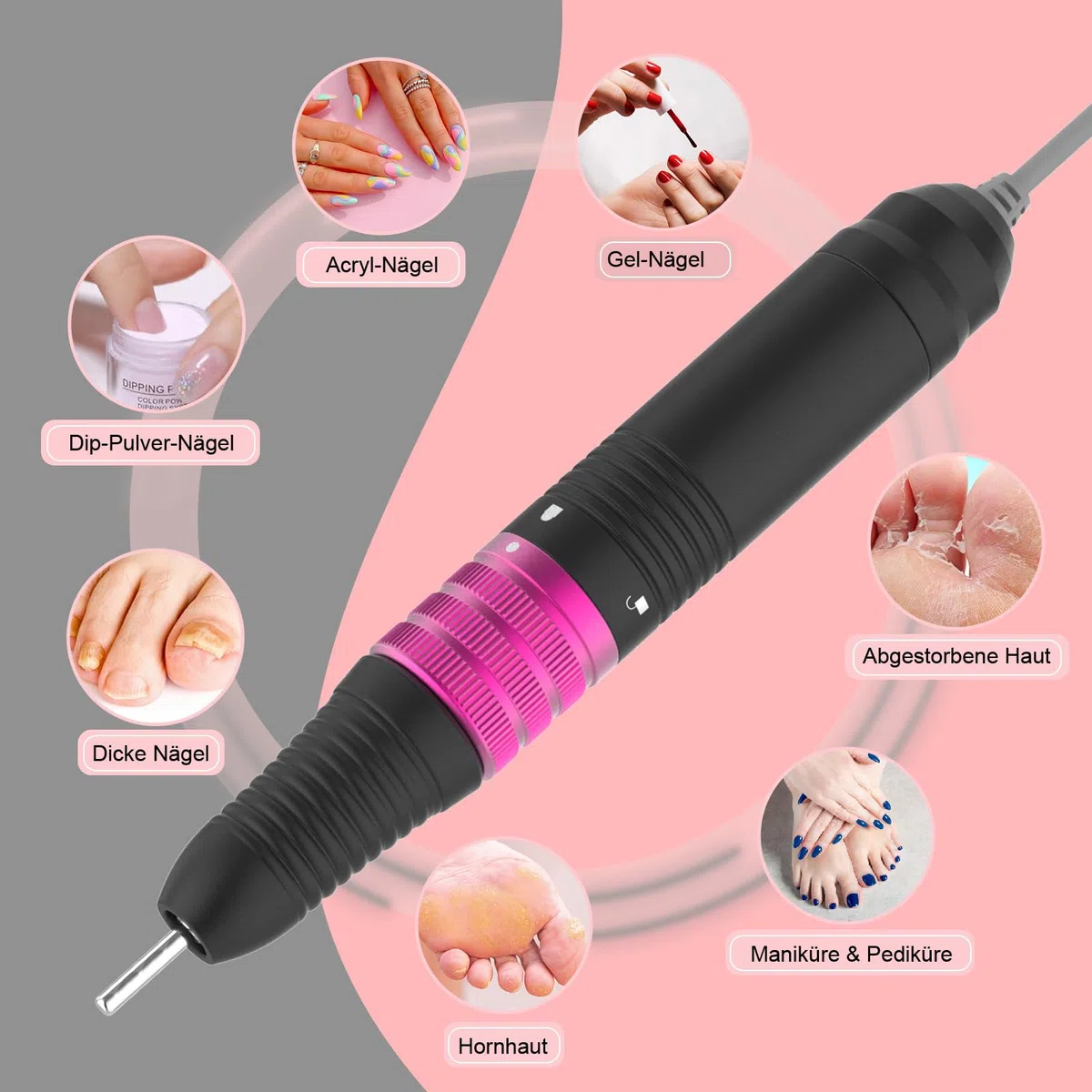 Delanie Nagelfräser 35000 U/Min für Gelnägel Polygel, 6 in 1 Leise Elektrische Nagelfeile Maniküre Pediküreset mit Nagelfräser Aufsätze, Nägel selber machen Entferner für Acrylgel Nagelpflege -Grau