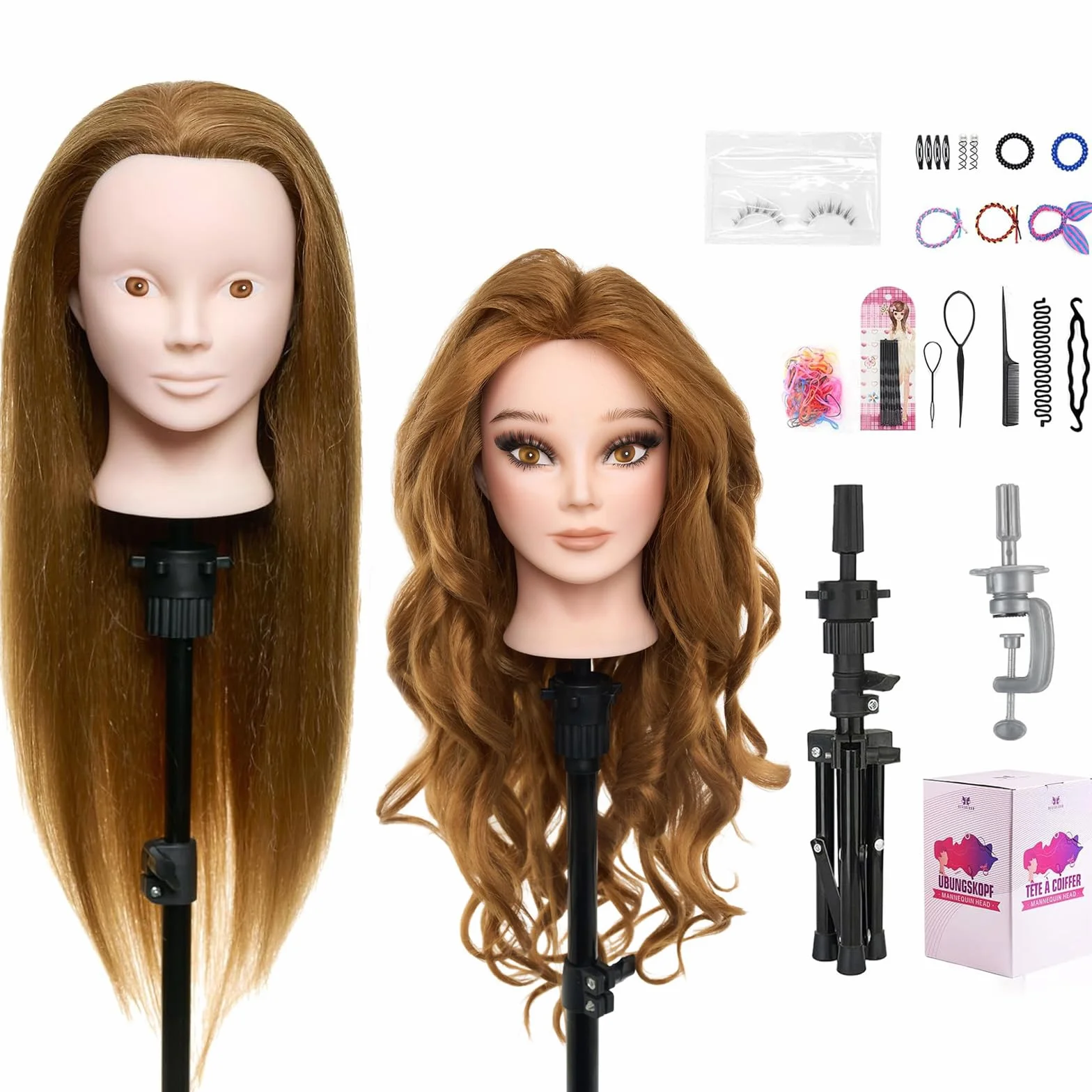 Neverland 24 Zoll Schminkkopf Frisierkopf mit Ständer 80% Echthaar Übungskopf Trainingsköpfe Friseurkopf mit Halter + Hair Styling Braid Set