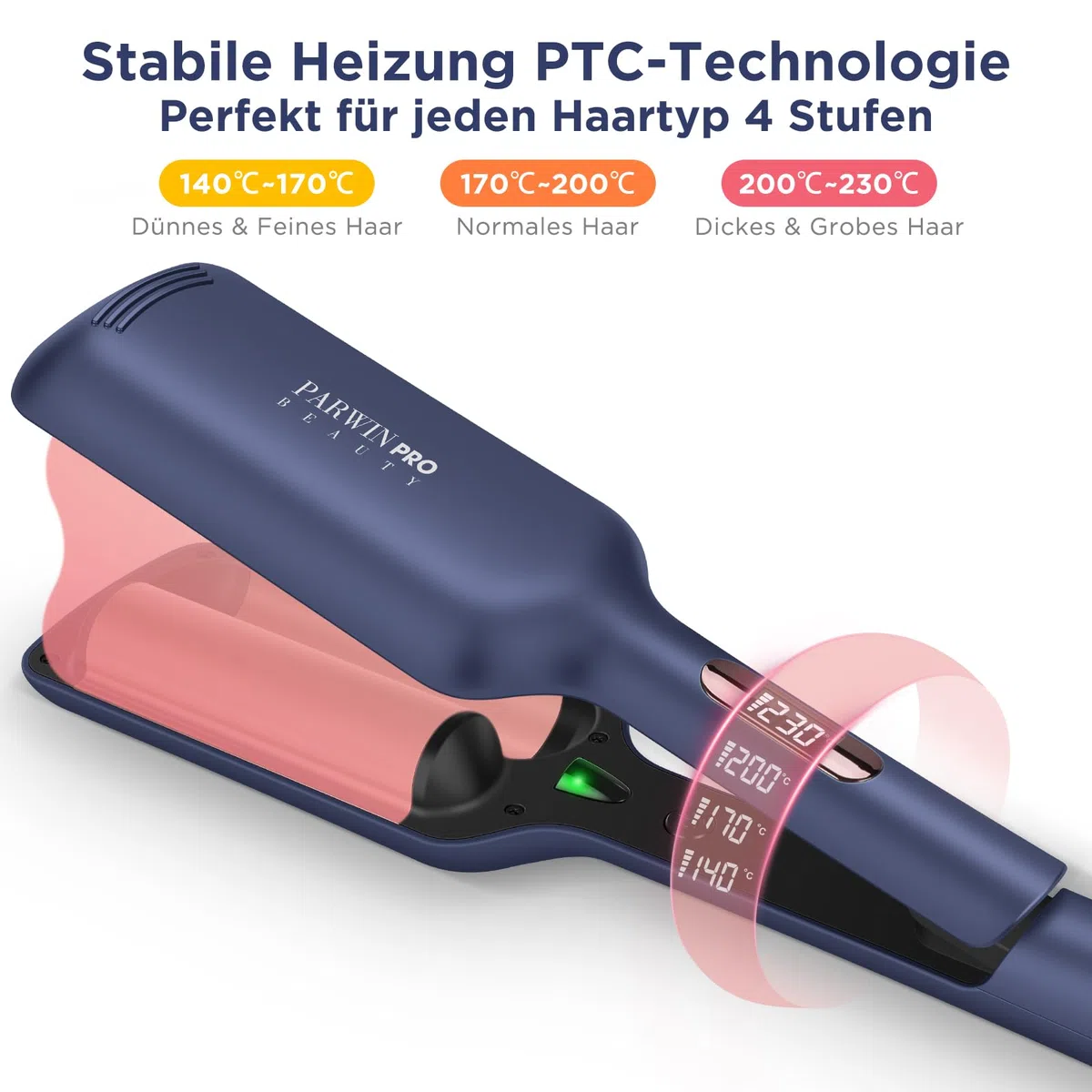 2 Fässer Meerjungfrau Welleneisen für haare, 32MM Lockenstab große locken, PARWIN PRO BEAUTY -Hair Curler, Wellenstyler mit 4 Einstellbarer Temperatur, Sofortiges Wellen (Preußischblau)