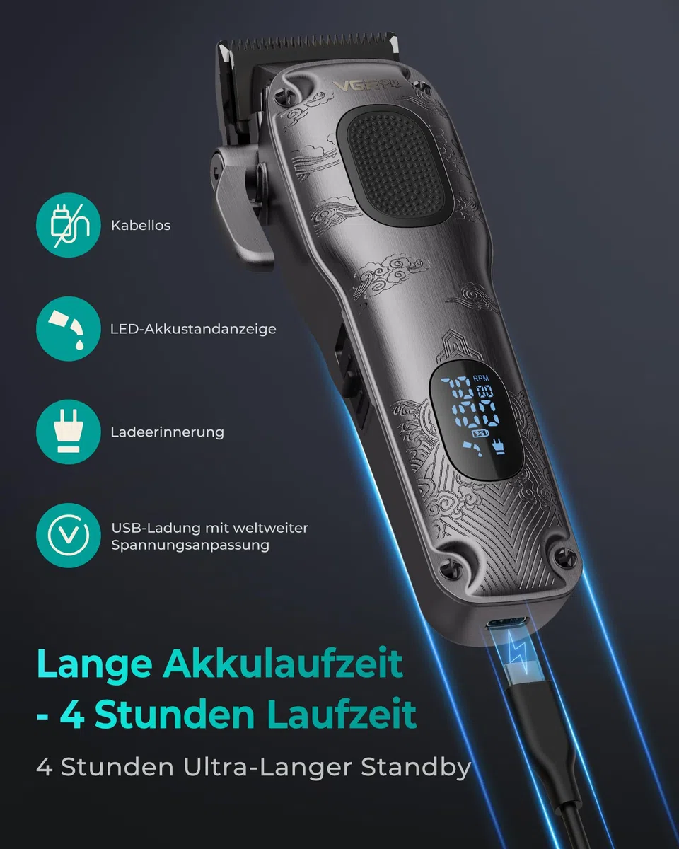 VGRPRO Haarschneidemaschine Profi Akku kabellos Clipper mit Etui LED-Anzeige Grau