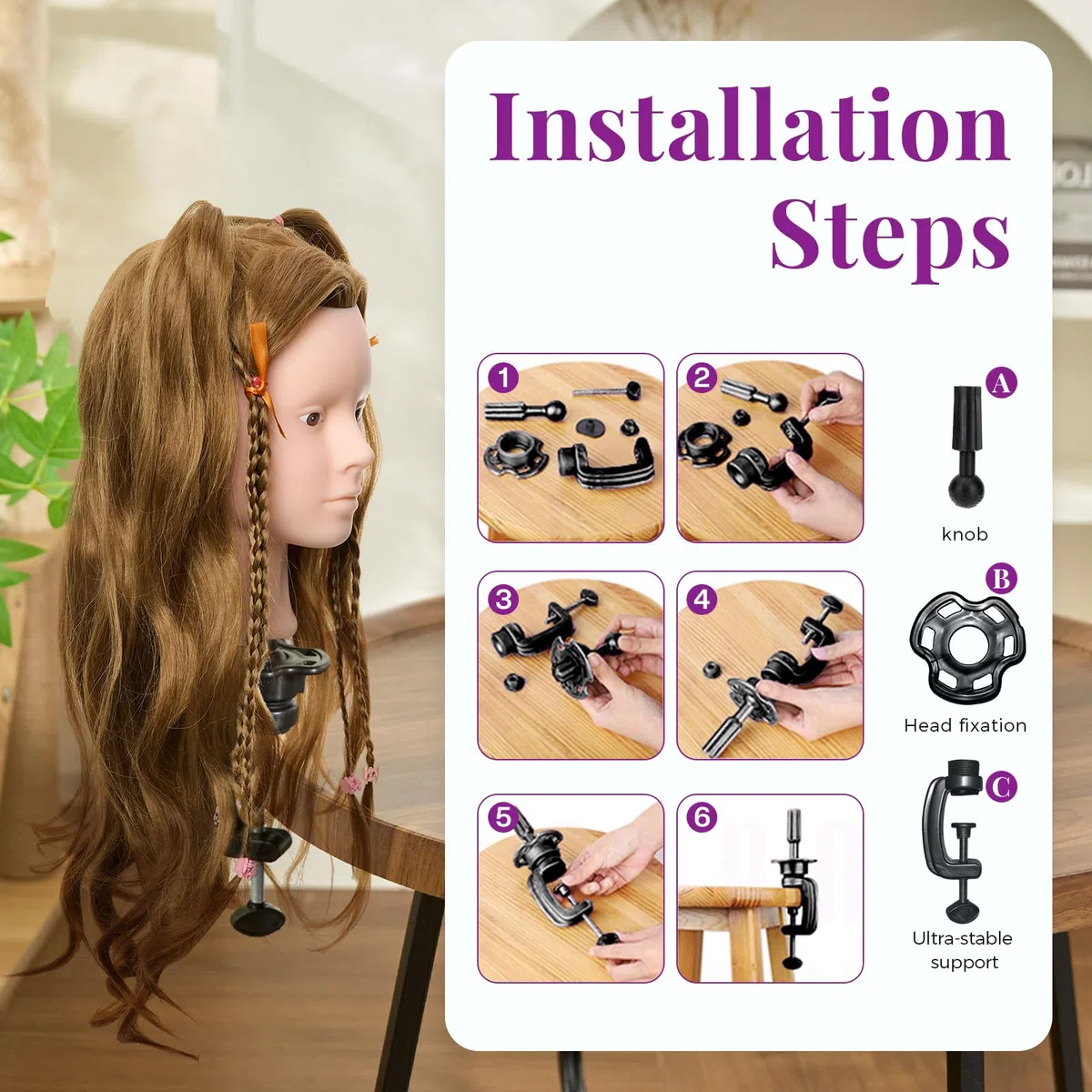 Neverland Schminkkopf Frisierkopf mit Übungskopf Ständer, 71cm 60% Echthaar Puppenkopf zum Frisieren, Trainingsköpfe für Friseure Ausbildung Kopf mit Tischklemme, Wimpern und Haare Zubehör(Gold)