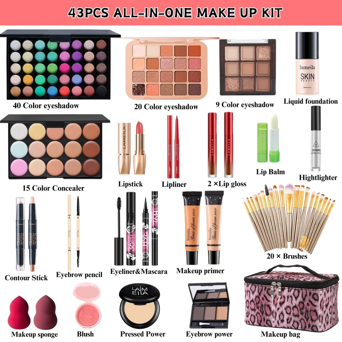 44-teiliges Makeup Set für Damen, All-in-One Schmink-Koffer mit Lidschatten Palette, Concealer, Lippenstift, Foundation, Makeup Pinsel & Tasche, Kosmetik Set Geschenk für Anfänger und Profis