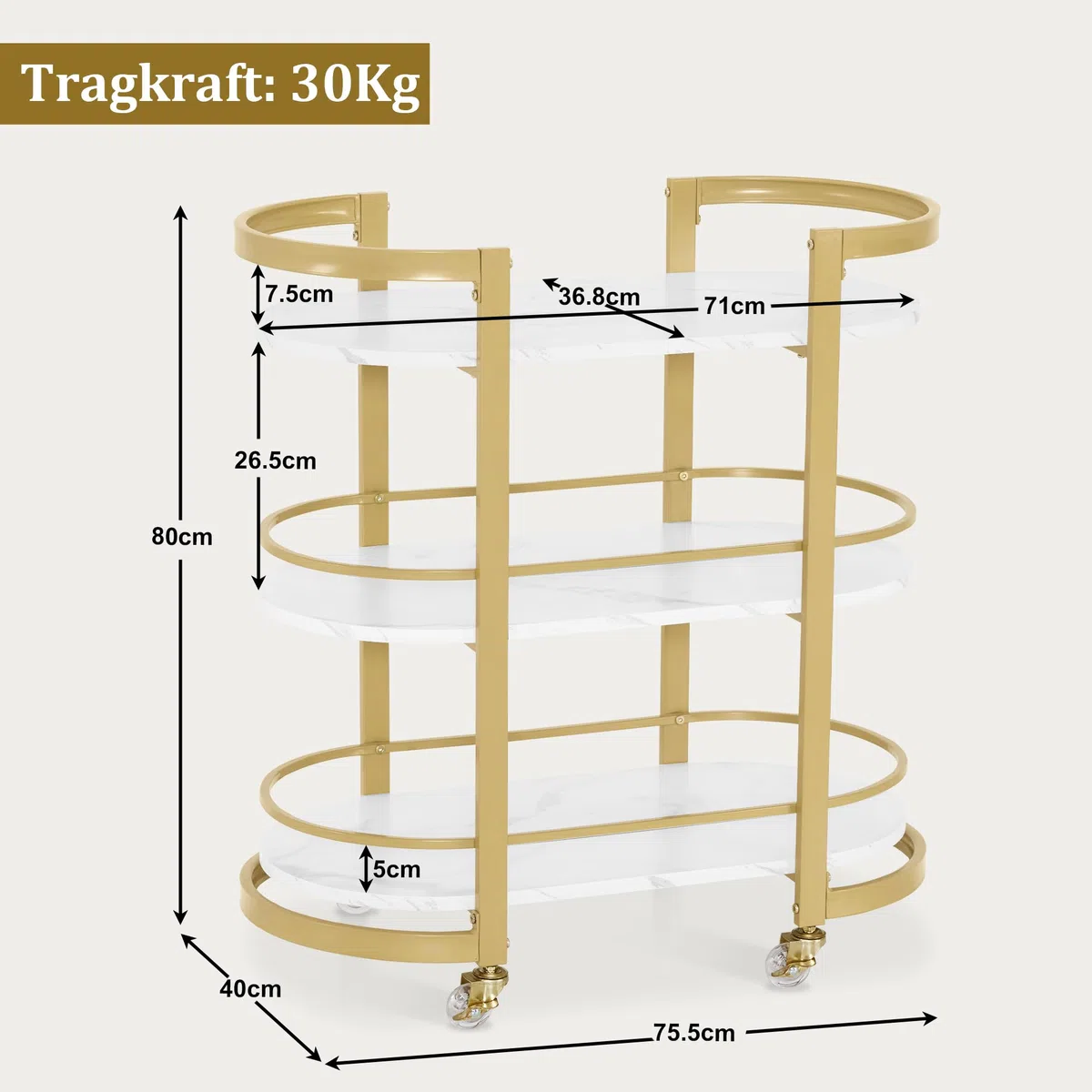 M MCombo Servierwagen mit Rollen, Küchenwagen Barwagen Metallgestell Weiß-Gold, 3 Ebenen, 40x75,5x80