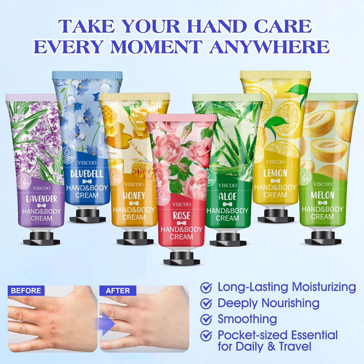 VISCOO Geschenkset mit 42 Handcremes für Damen, ideal zum Befüllen von Weihnachtsstrümpfen, Geschenke für Jugendliche und Frauen, auch in Reisegröße, feuchtigkeitsspendende Mini-Lotion für Ma