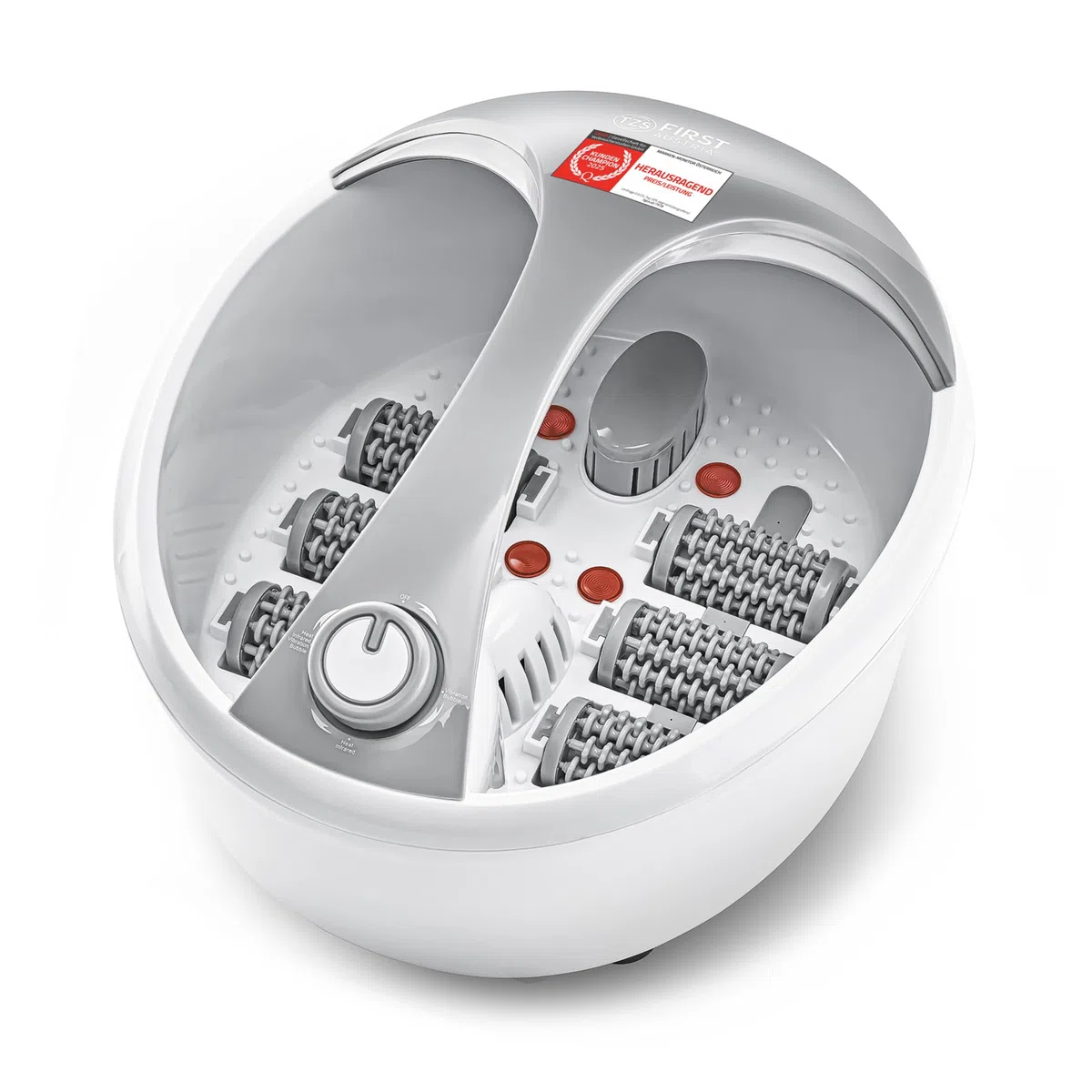 TZS First Austria - Fußbad mit Massagefunktion - 450W - 3 Einstellungen & 6 Massagerollen - Elektrisches Fußsprudelbad mit Heizfunktion - Griff & Aromabox