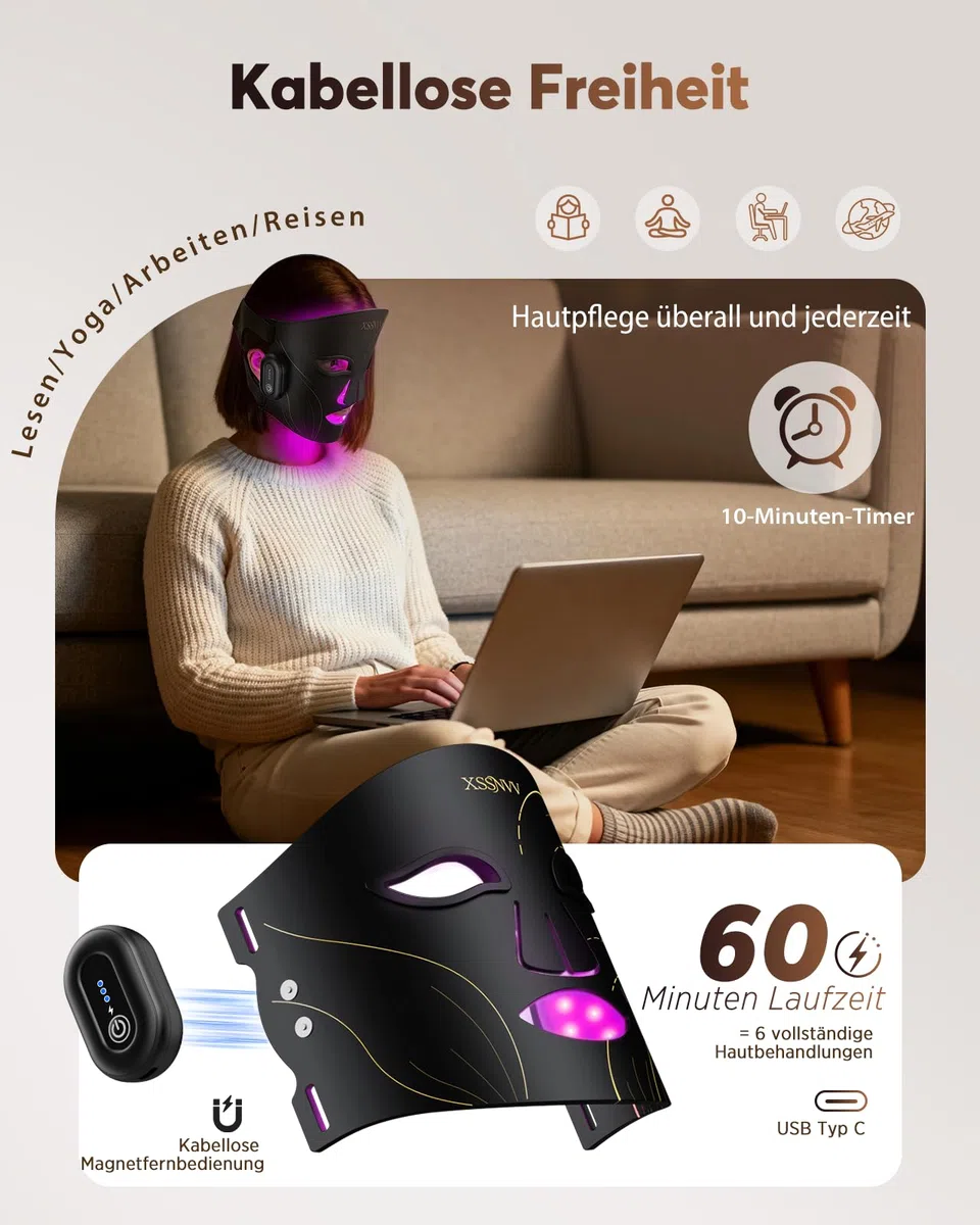 LED Maske Gesicht, Kabellos Lichttherapie Gesichtsmaske 4 Modi | Anti-Aging, Hautklärung, Entzündungshemmend, Beruhigend, rote/blau LED, Aufladbar Rotlichtlampe Gesicht, Schönheitsgeschenke