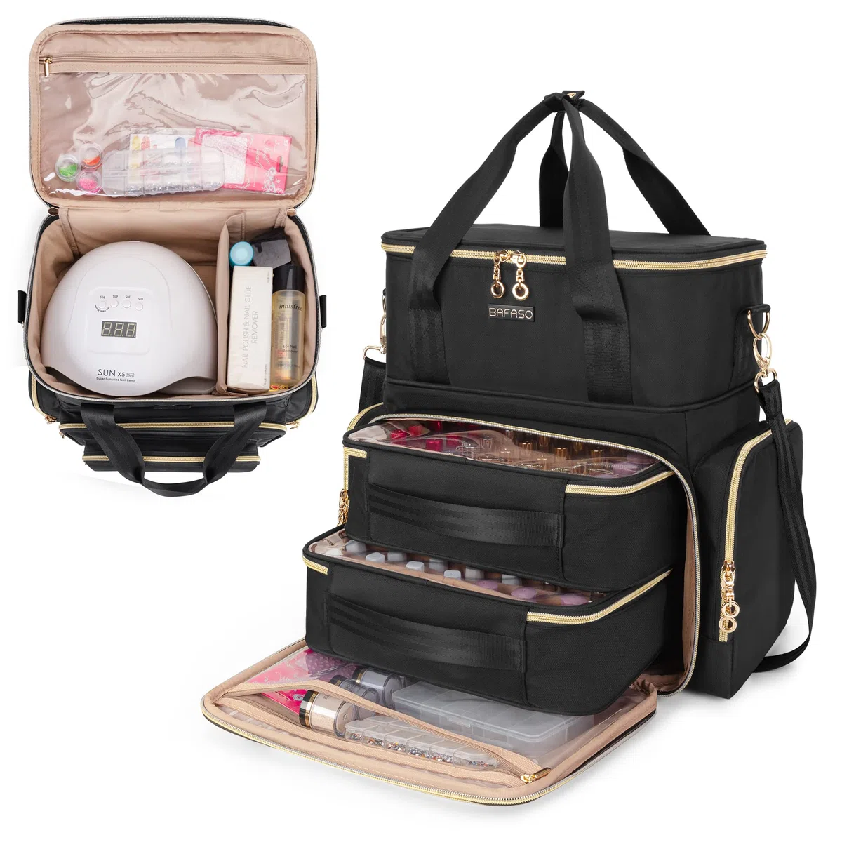 BAFASO Doppelschicht Nagellack Organizer, Nagellack Tasche für Nagellampe | Nagellack Aufbewahrung für 70 Flaschen(bis zu 15ml) und Nageltrockner, Nagellack Zubehör(Patent Angemeldet), Schwarz