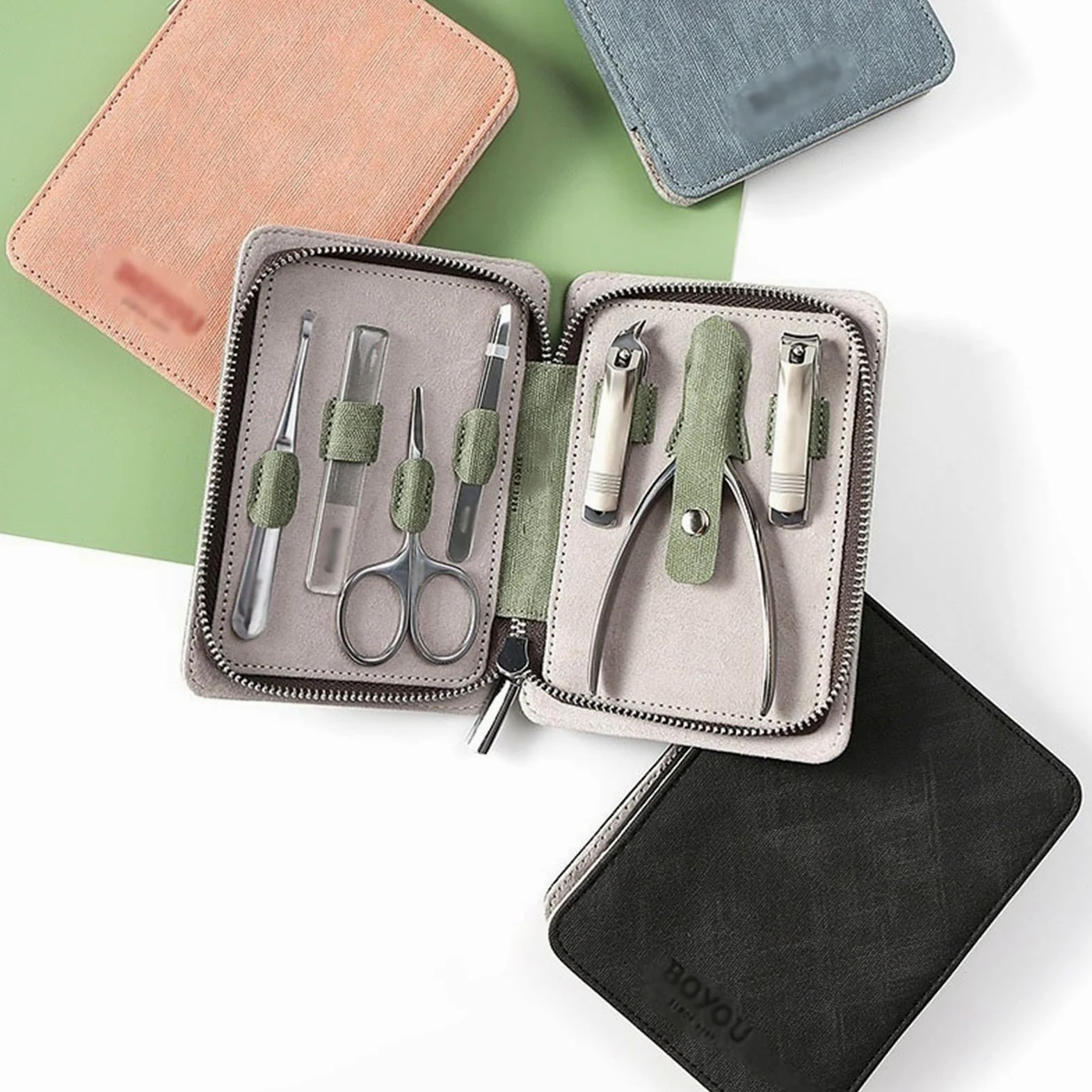 TEESONG Nagelknipser-Set, tragbares Nagelknipser-Set, 7-teilig, für Herren und Damen, Pediküre-Pflegeset, scharfe Finger- und Zehennagelwerkzeuge mit Lederetui (Farbe: Schwarz)
