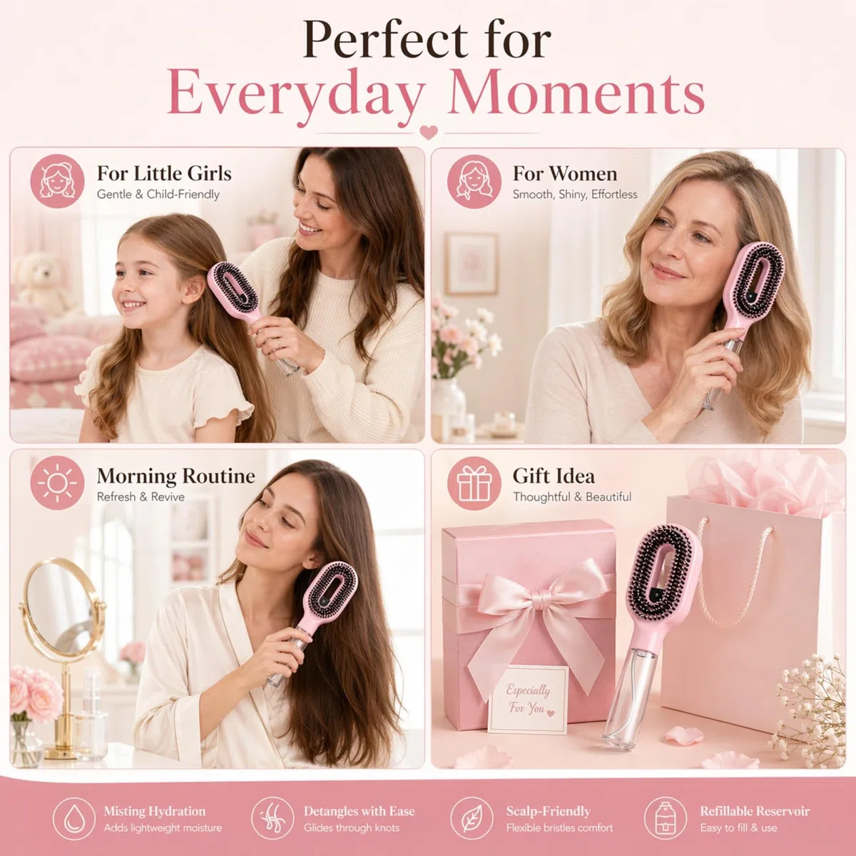 2-in-1 Misting Haarbürste mit eingebautem Wasserspray, entwirrende nasse & trockene Haarbürste für lockiges/dickes Haar & Kinder, feiner Nebel Sprüher, nachfüllbares Reservoir, Anti-Frizz Portable