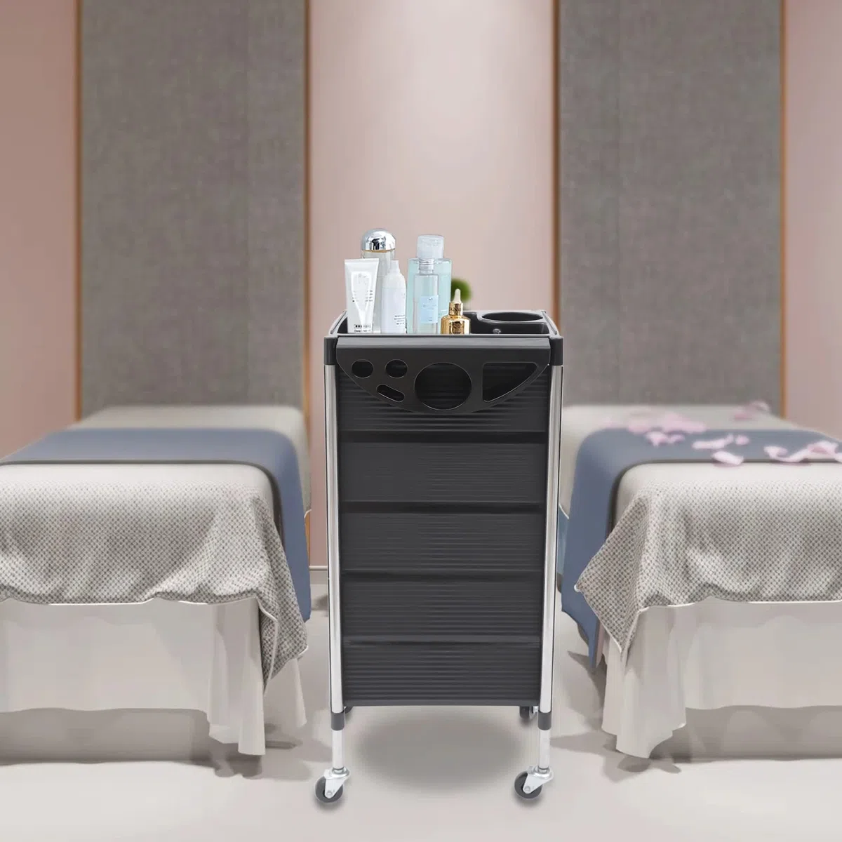 6 Etagen Friseurwagen, 53 * 37 * 90cm Salon Rollwagen Arbeitswagen mit 5 Schubladen und Föhn Rahmen, für Stylist, Friseur Haarstyling, Salon, SPA