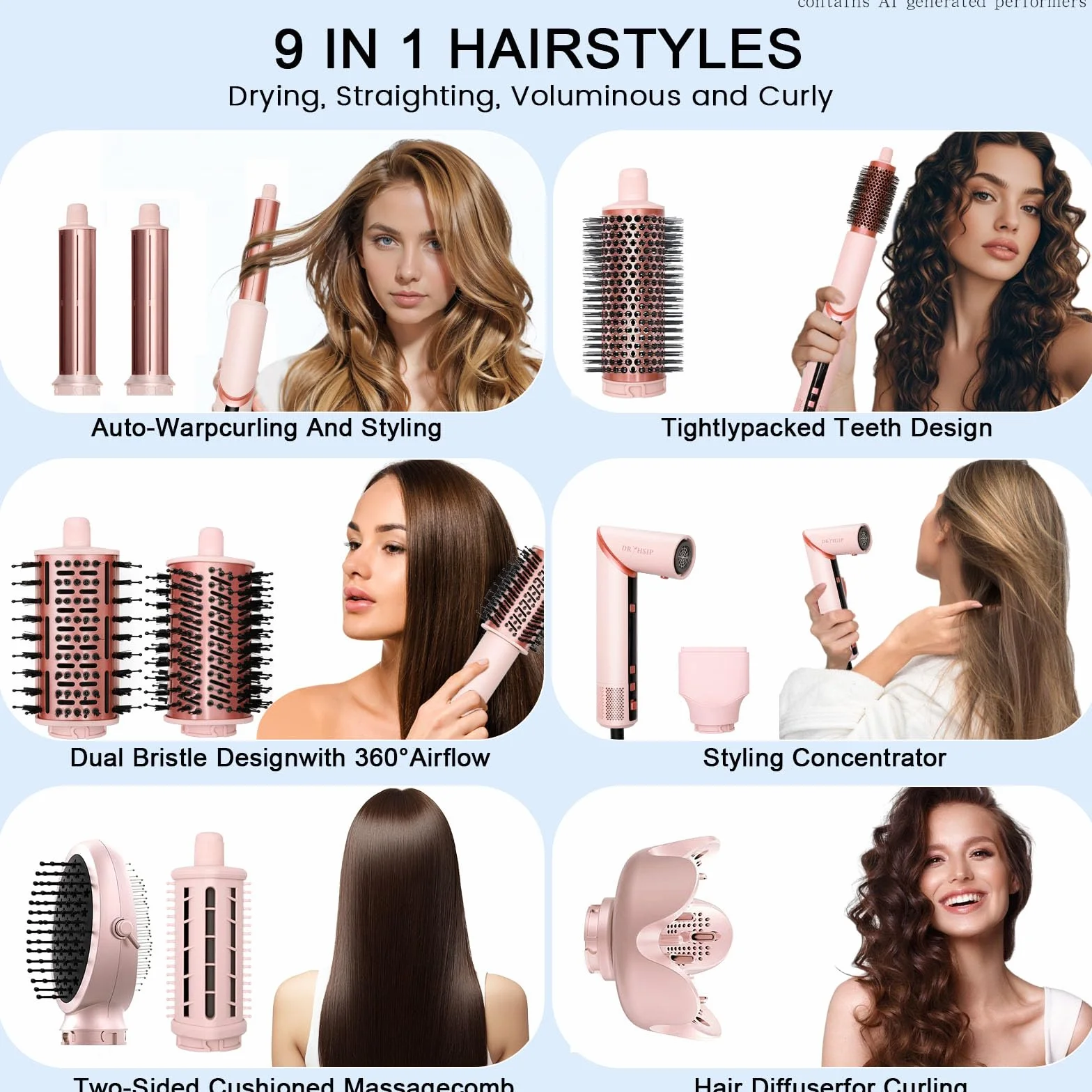 Dryhsip Warmluftbürste, 9 in 1 Hairstyler, Föhnbürste mit Ionen-Technologie, Airstyler mit Diffuser Haare Föhn Glätten,Lockenstab Automatisch, Haarglätter，Flex Temperaturen，Eurostecker