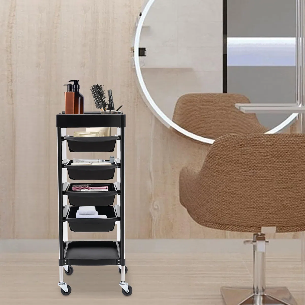 MINRS Friseurwagen mit 4 Schubladen und Rollen Arbeitswagen für Stylist Haarstyling SPA Schwarz