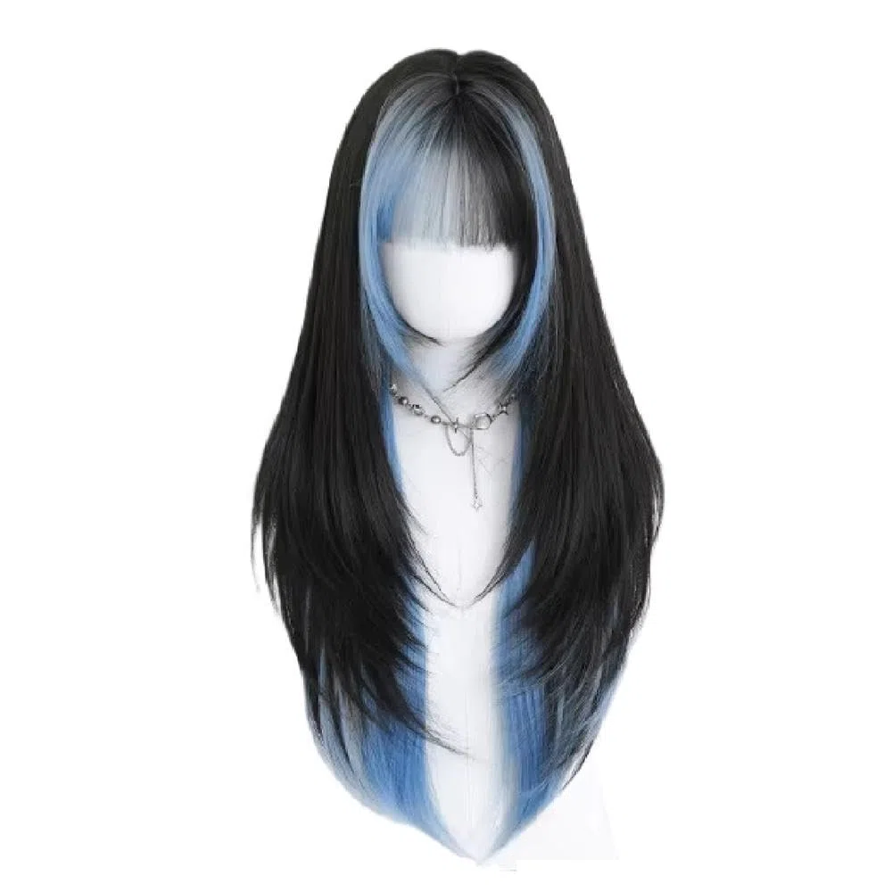 Haarpflege Lange Gerade Geschichtete Schwarze Blaue Perücke Für Frauen Bescheidene Wear and Go Perücken Mit Ordentlichem Pony