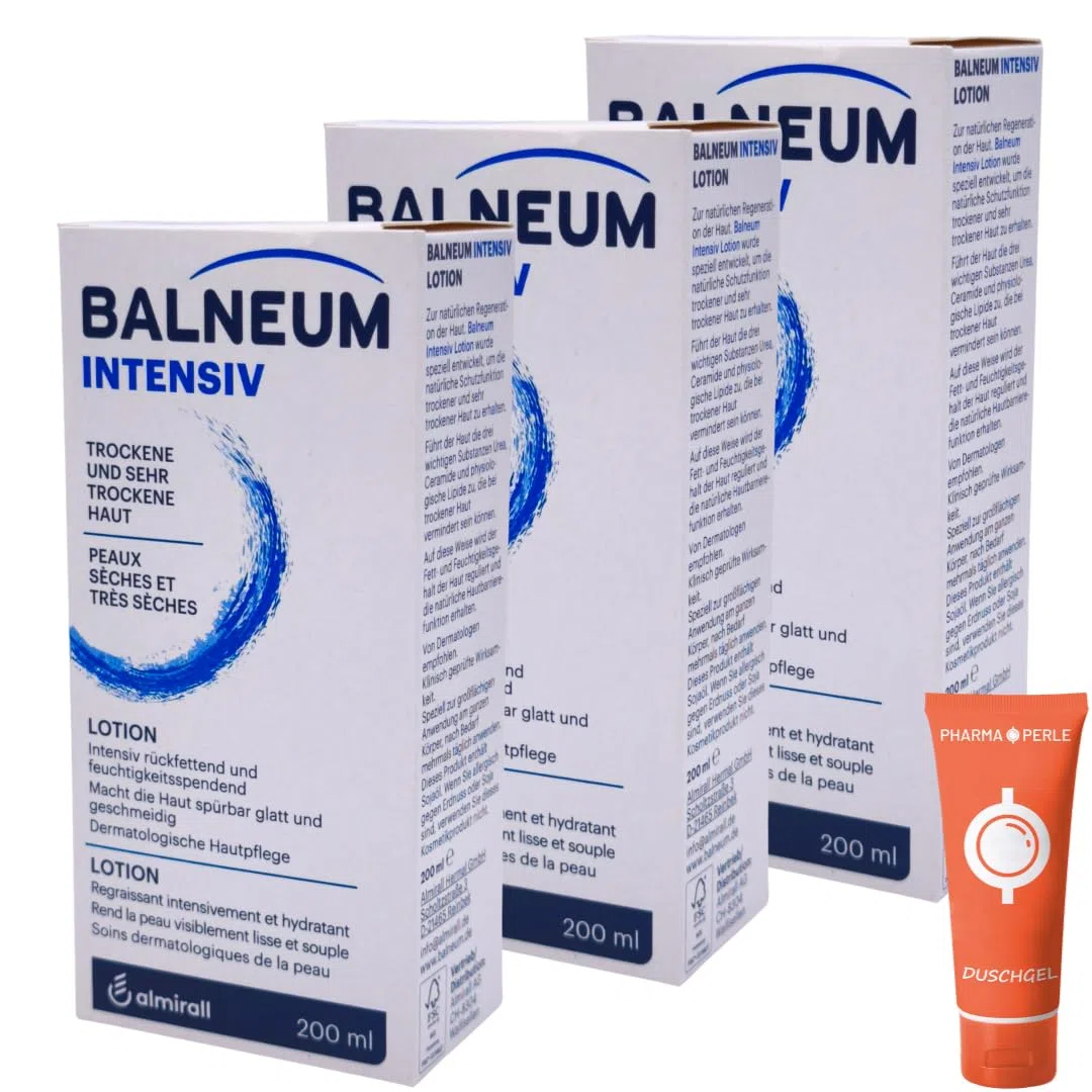 Balneum Intensiv Lotion 200 ml I Körperlotion für trockene & sehr trockene Haut I mit Urea, Ceramiden & Lipiden I feuchtigkeitsspendend & rückfettend I inkl. Pharma Perle Duschgel (3x)