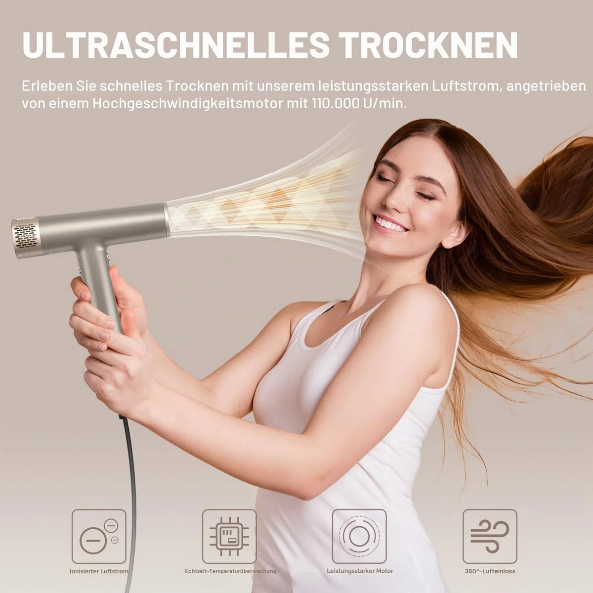 YAPOY Haartrockner Professionelles mit Diffusor Schnelltrocknendes 200 Millionen Ionen-Föhn mit 110.000 U/min Hochgeschwindigkeit Keine Hitzeschäden Intelligente Thermo-Kontrolle - Silber