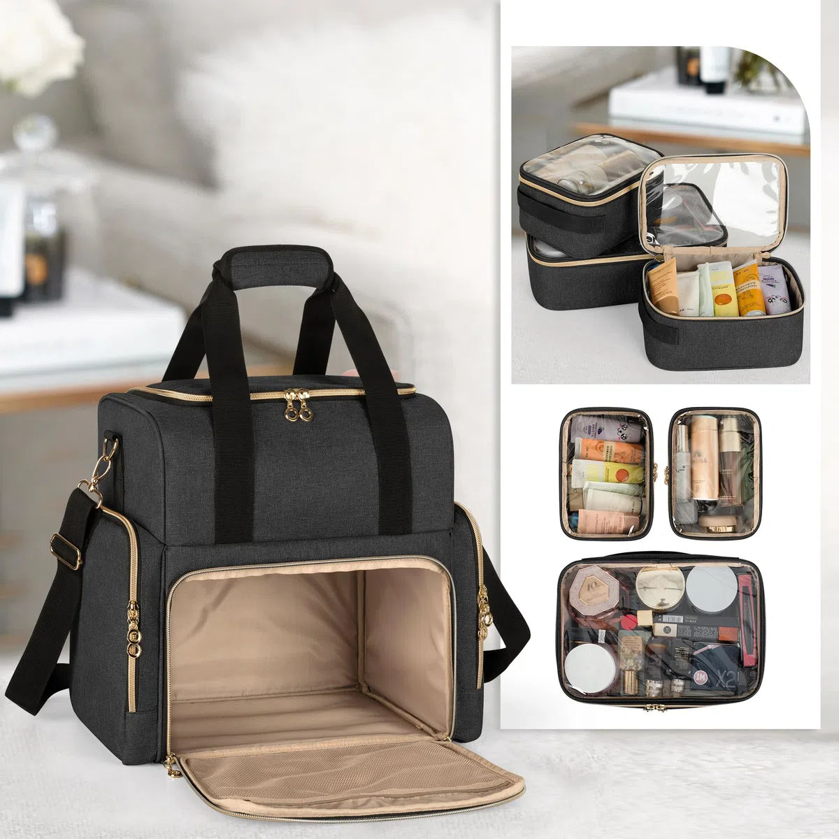 Luxja Kulturbeutel zum Tragen, Kulturtasche für Damen & Männer, Kosmetiktasche für Make up, Make Up Tasche Organizer, Kosmetikkofffer für Mädchen und Frauen, Schwarz