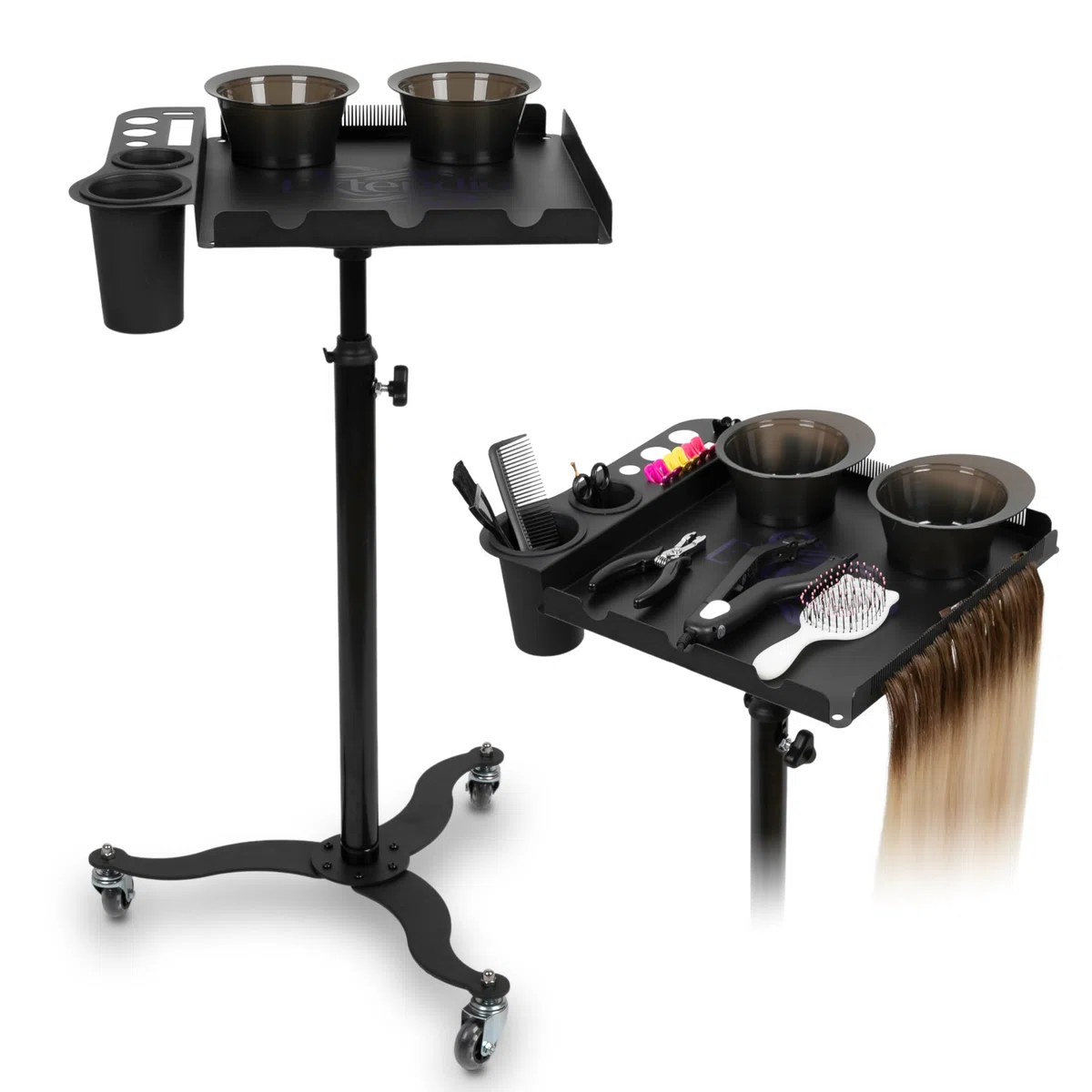 Mobiler Friseurwagen Salon Trolley mit 2 magnetischen Schüsseln, Fönhalterung, hitzebeständig, Kammlineal für Extensions