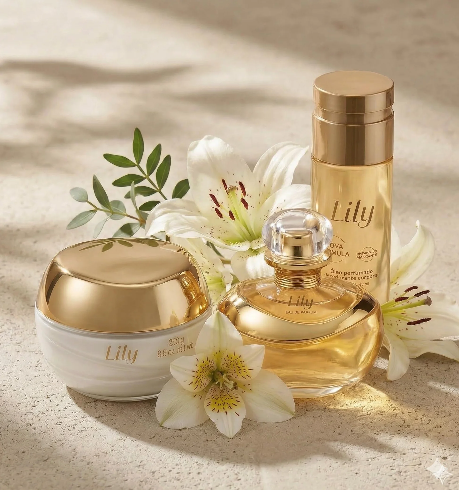 O Boticário Lily Geschenkset, Parfüm und Hautpflege mit 3 Produkten, Feuchtigkeitscreme für den Körper, 250 g, parfümiertes Körperöl 150 ml und Eau de Parfum EDP 75 ml