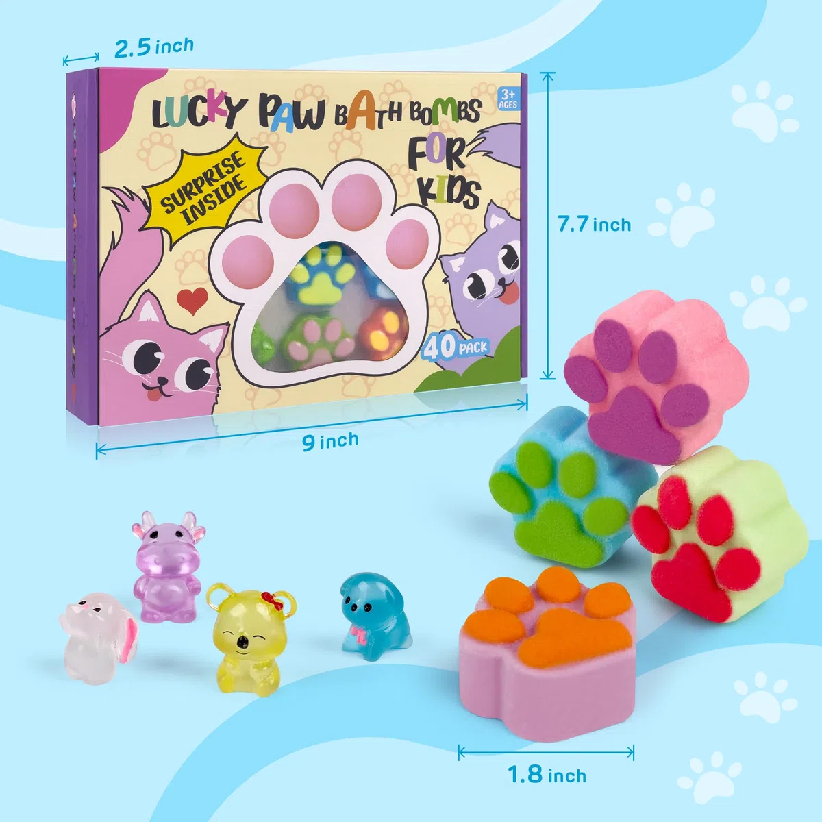 40 Stück Badebomben für Kinder mit Überraschung im Inneren, Large Number Kids Paw Shape Bath Bombs Gift Set, Natural Organic Kids Bubble Bath Fizzy for Girls Boys with Bath Toys Inside