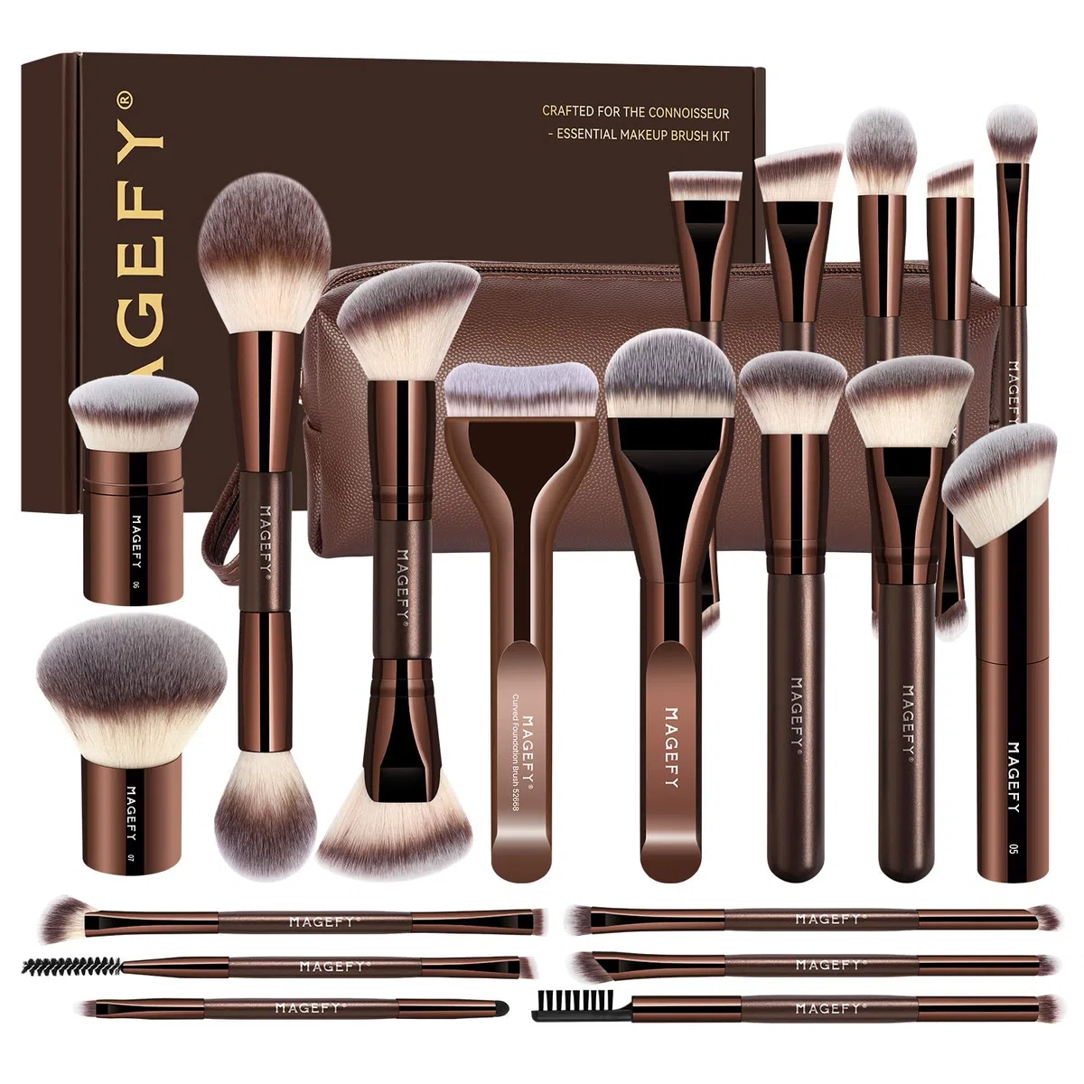 MAGEFY Make-up Pinsel 26-in-20 Professionelles Makeup Pinselset Doppelseitige Make-up-Pinsel für Puder, Concealer, Lidschatten, Rouge und Konturierung sowie Foundation Pinsel mit Etui - Kaffeegold