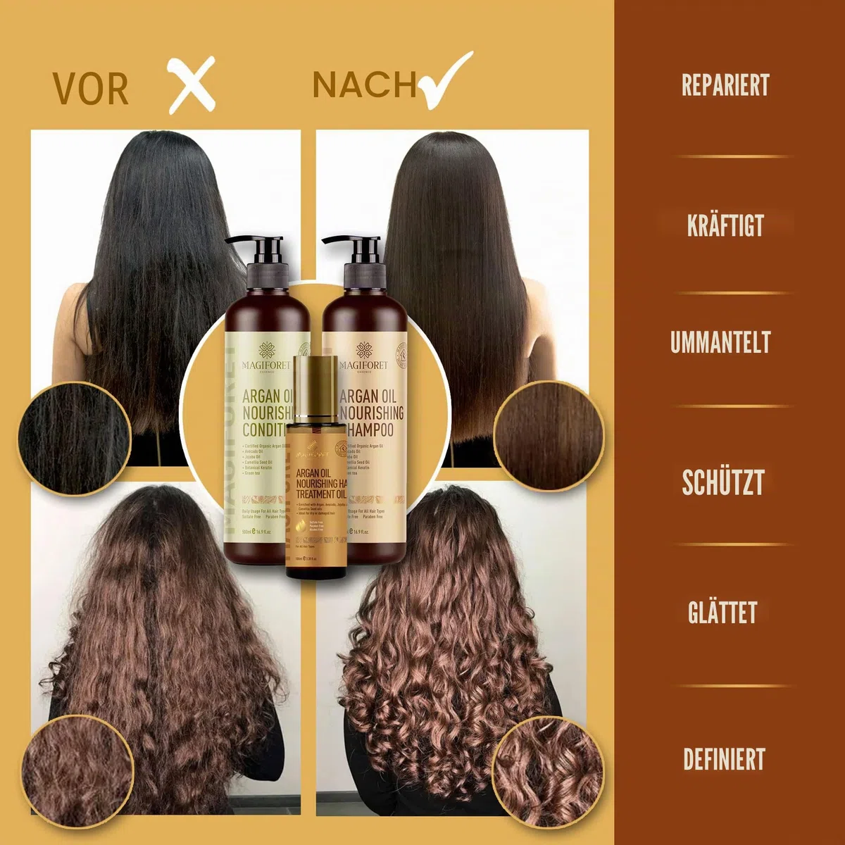 MagiForet Haarpflege Set mit ArganölShampoo 500ml + Conditioner 500ml + Haarserum 100ml, Anti Frizz, Sulfatfrei, Parabenfrei –pflegt Locken, krauses und farbbehandeltes Haarweich und geschmeidig