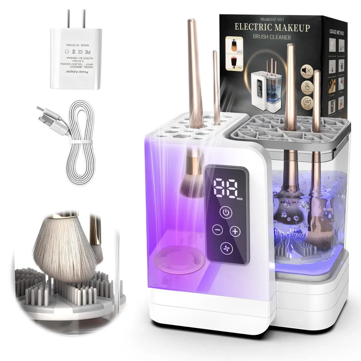 5-in-1 Elektrischer Make-up-Pinselreiniger & Trockner-Maschine, tragbar, automatisch, USB-Kosmetikpinsel, Reinigungswerkzeug mit tiefenreinigendem Silikonpinsel für alle Größen (Konturen, Lidschatten