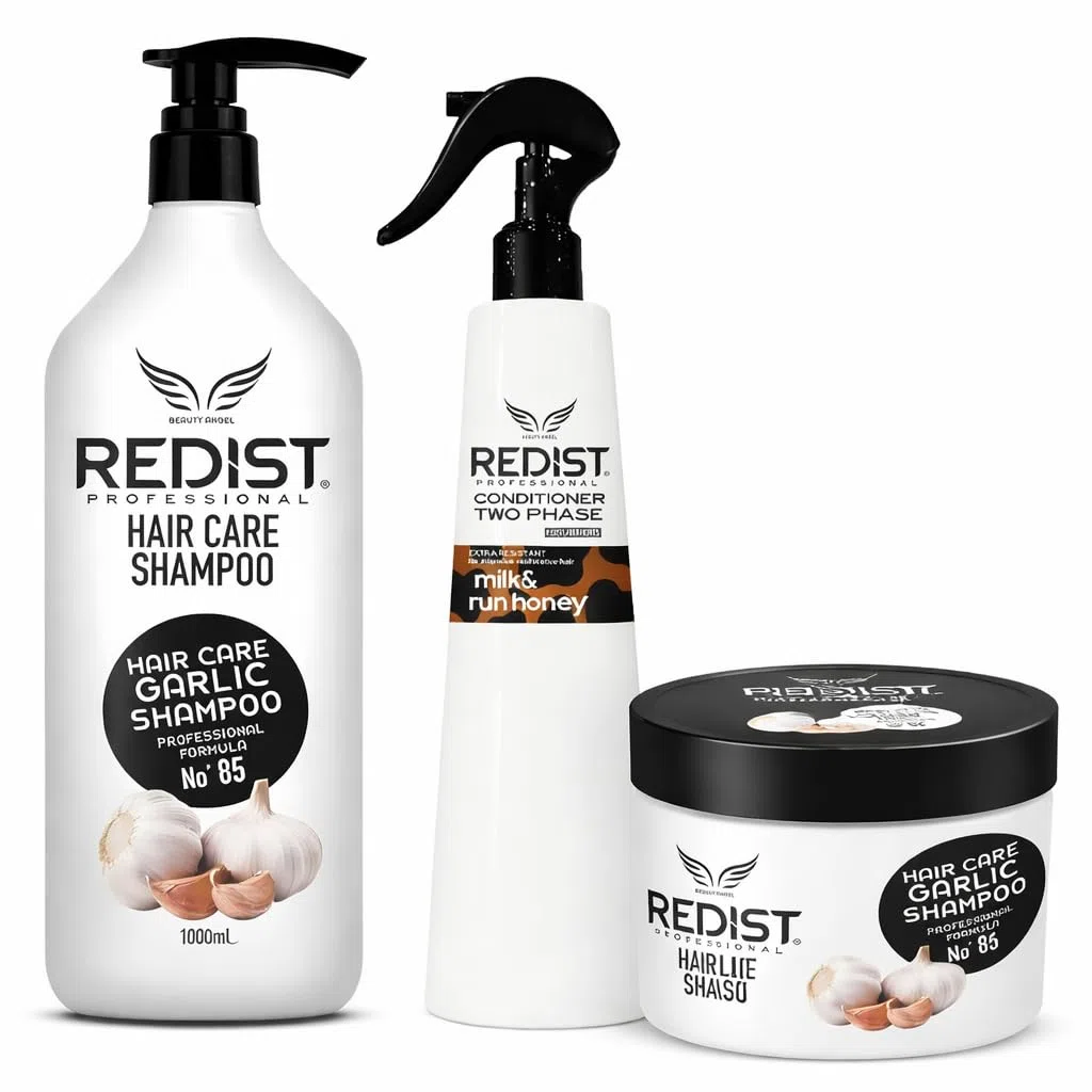 Redist Knoblauch Haarpflege Set – Shampoo 1000 ml + Haarmaske 475 ml + 2 Phase Conditioner 400 ml Milk&honey | Anti-Haarausfall & Stärkende Formel | Für trockenes & geschädigtes Haar