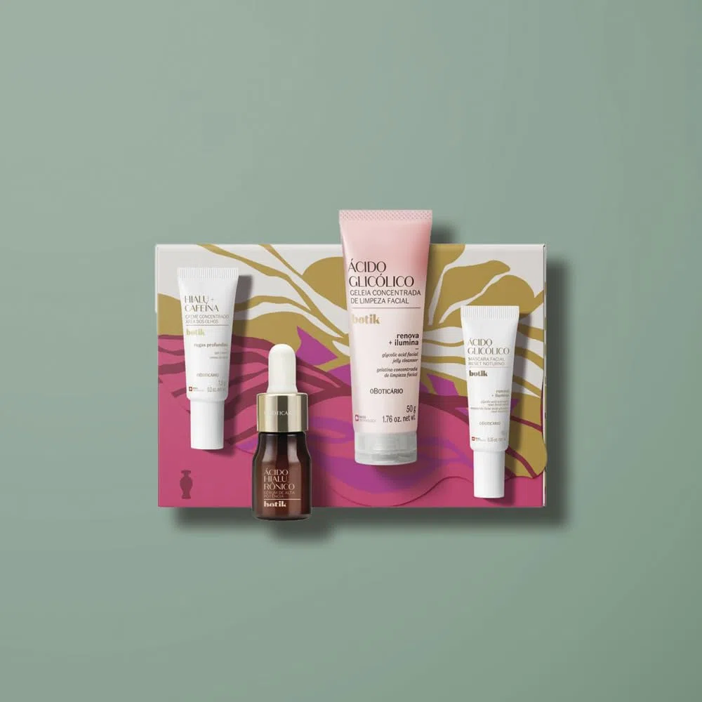 O Boticário Botik Gesichtspflege-Routine mit Hyaluronsäure und Glykolsäure, weich und beleuchtet, erneuerte Haut, 4 Produkte in Reisegröße, 77,5 g