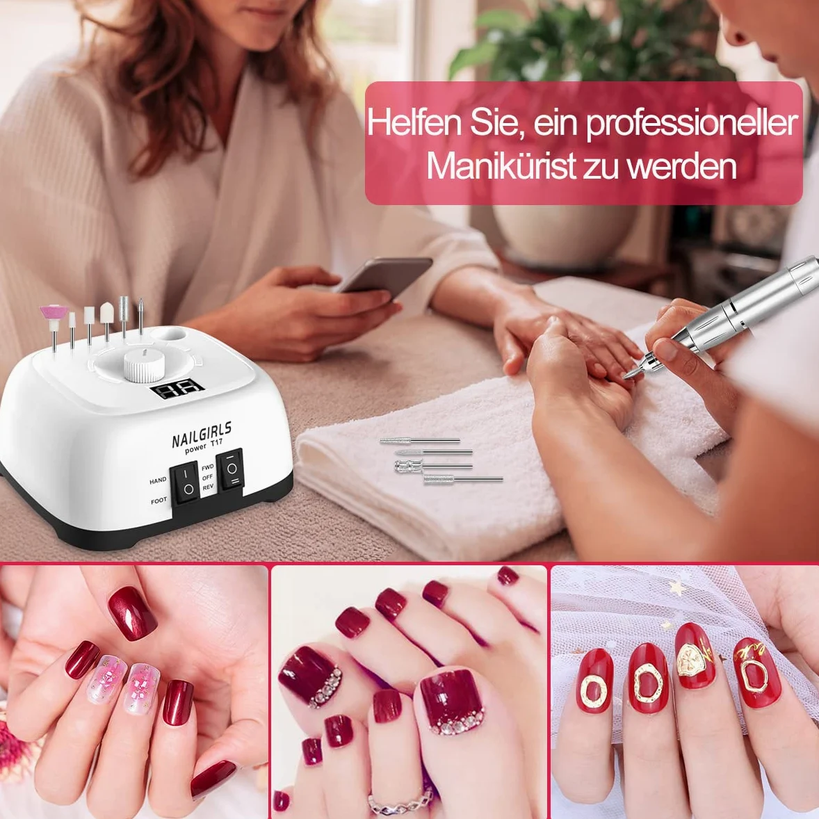 NAILGIRLS Elektrische Nagelfräser, 11 in 1 Nagelfräser für Gelnägel, 35000 U/min, Leise, mit LCD-Display und Fußpedal, Maniküre Set Elektrisch, Maniküre Pediküre Set für Anfänger & Profis(Weiß)