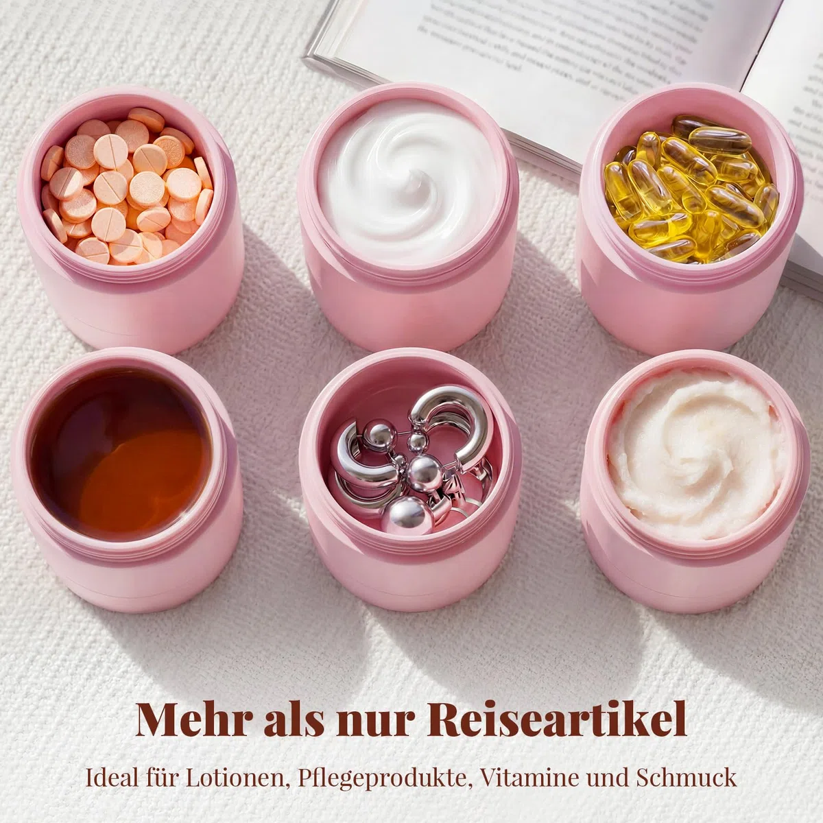 Reise-Toilettenbehälter auslaufsicher, TSA-zugelassene Reisebehälter aus PLA mit 5 magnetischen Etiketten, Weithals-Design, Rosa, 3er Set, 60 ml