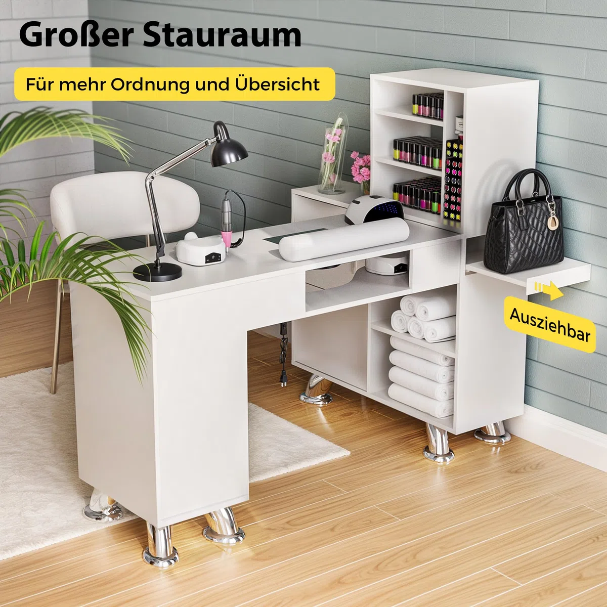 Nageltisch mit Staubabsaugung, Stabiler Manikürtisch mit 3 Schubladen, 3 Schränken, 4 Staubsaugerbeuteln, Handauflage, Profi Nagelstudio Tisch für Maniküre & Nageldesign, Weiß