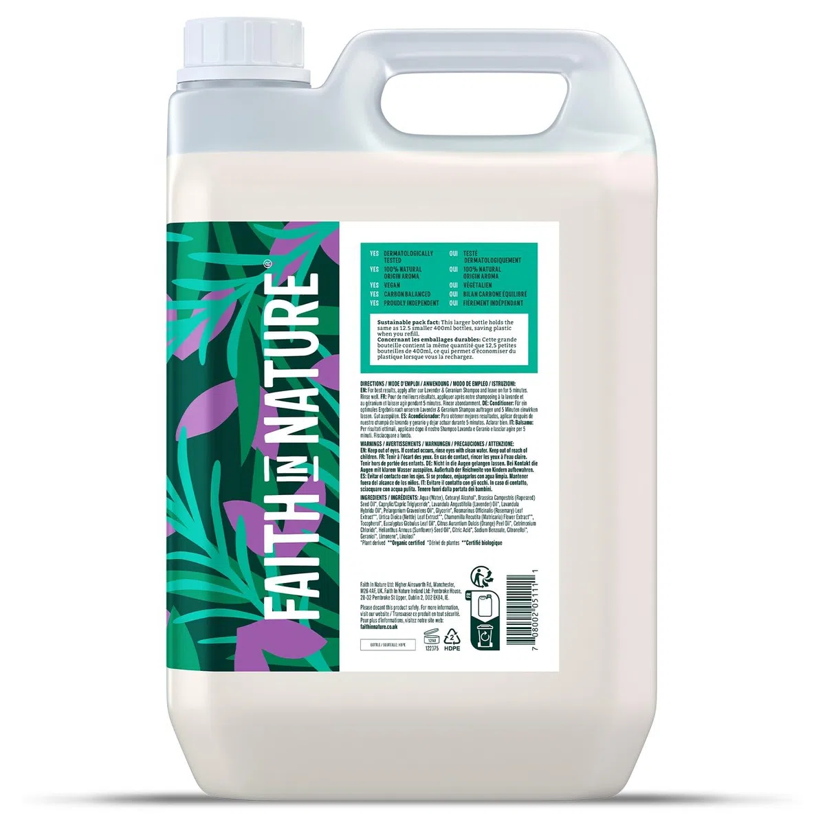 Faith In Nature Natürliches Lavendel & Geranie Conditioner, Ausgleichend für normales Haar & normale Kopfhaut, Vegan und tierversuchsfrei, Ohne SLS, Silikone oder Parabene, 5 L Nachfüllpack
