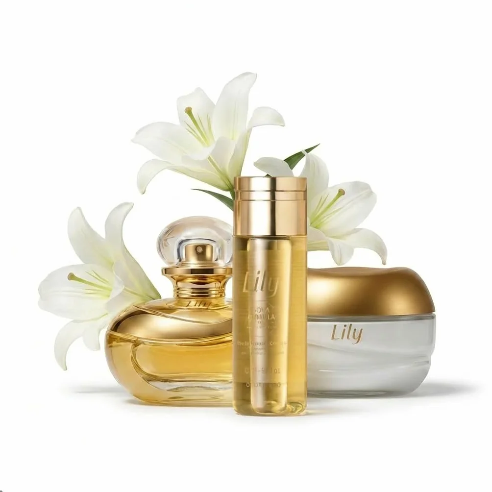 O Boticário Lily Geschenkset, Parfüm und Hautpflege mit 3 Produkten, Feuchtigkeitscreme für den Körper, 250 g, parfümiertes Körperöl 150 ml und Eau de Parfum EDP 75 ml