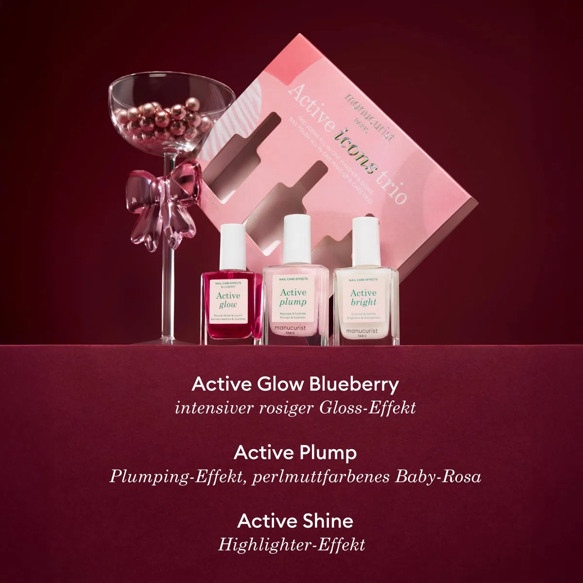 Manucurist Active Icons Trio Nagellack – Active Glow Blueberry, Active Shine, Active Plump Nagellacke – Nagelhärter – Aufhellender Behandlungslack & Pflege – Made in France