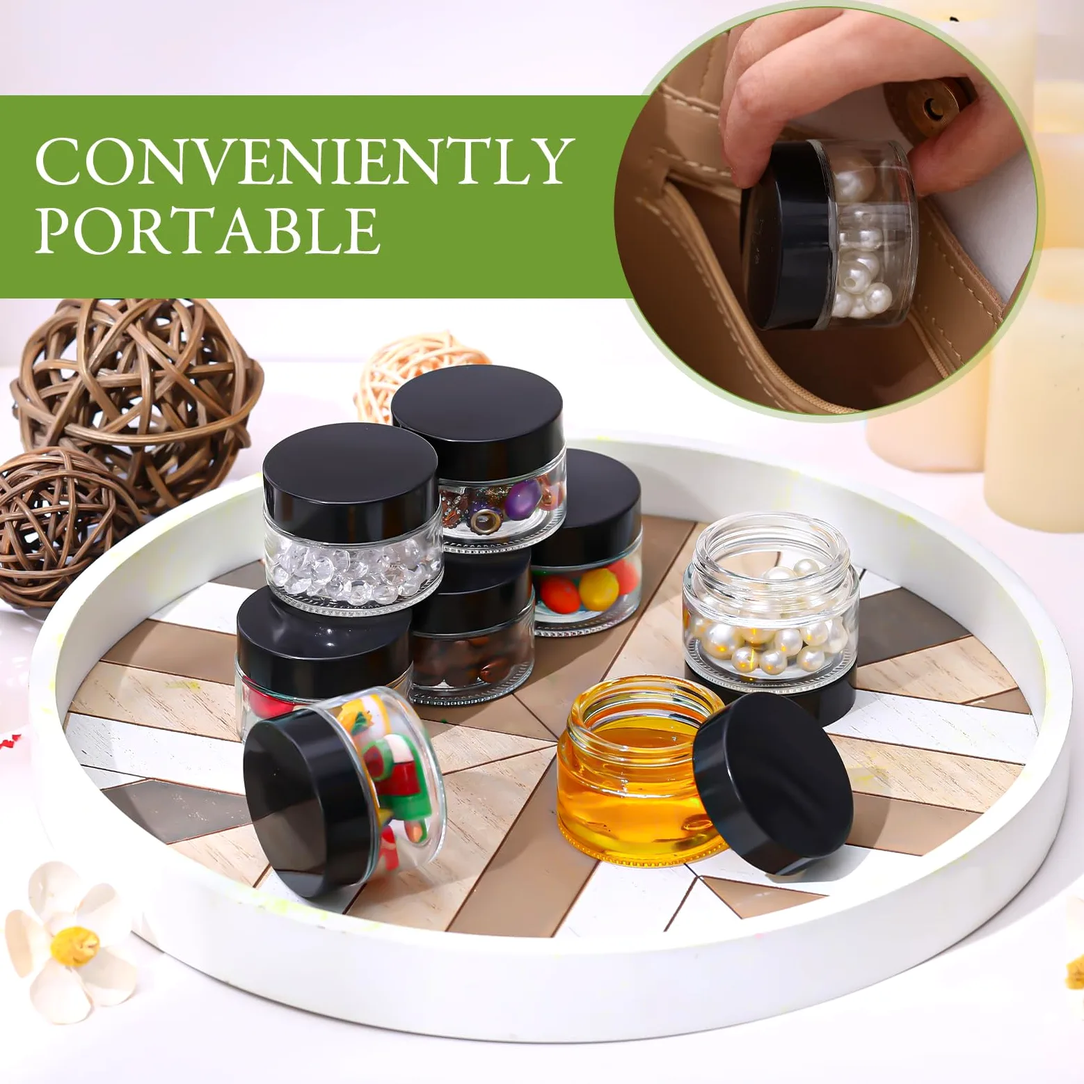 Domensi Glasdosen mit Deckel, rund, Kosmetikgläser, 28 ml, kleine Reisebehälter mit Innenauskleidung für Lotionen, Pulver, Salben, Proben, Creme, 100 Stück (transparent, schwarz)