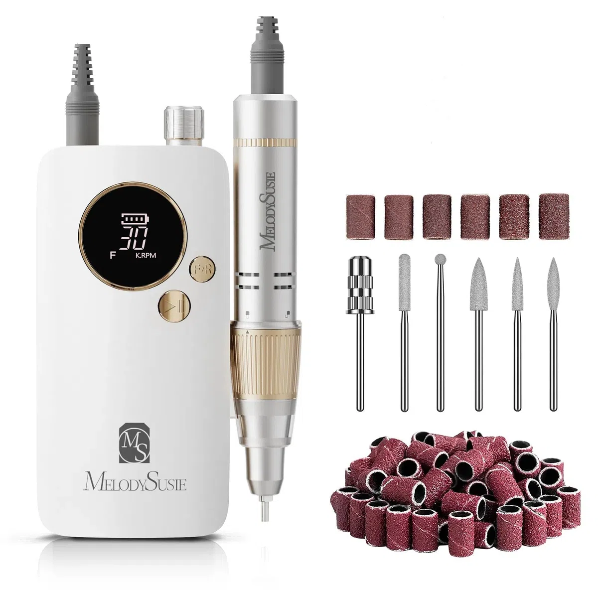 MelodySusie Tragbarer Nagelfräser 30000 RPM, SC320F Professionelle Kabellose Elektrische Nagelfeile für Acrylnägel Gel Polieren Entfernen, Efeile Nagelset für Maniküre Salon Zuhause (Weiß/Gold)