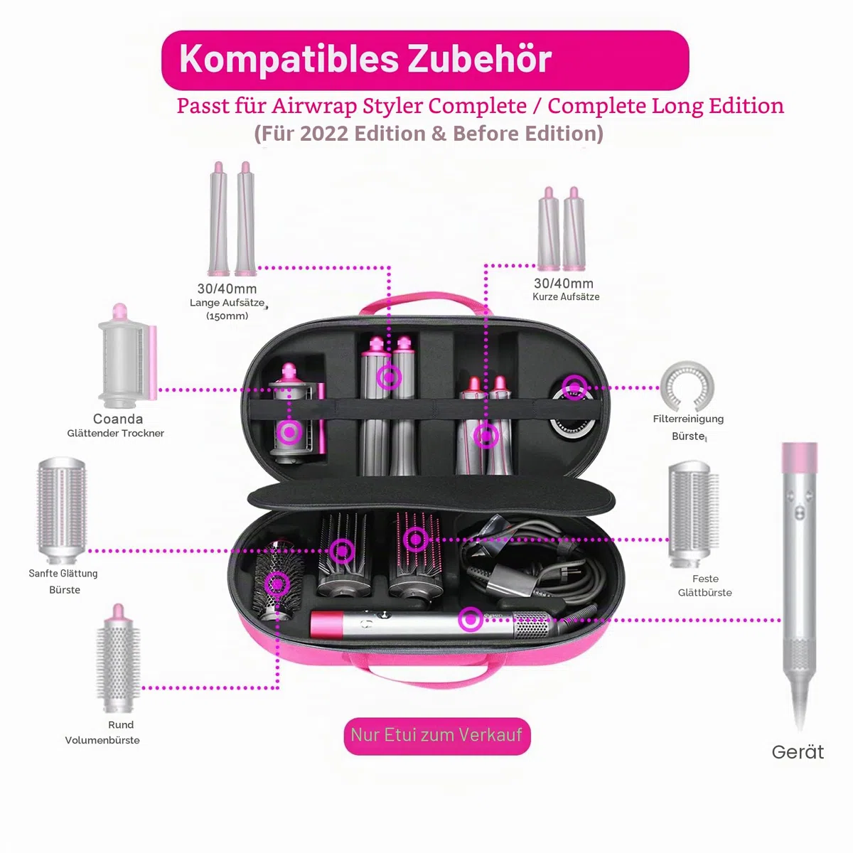 RLSOCO Hartschalen-Schutzhülle für Dyson Airwrap Complete Long/Complete Styler HS05 HS01 – passend für 4 Lange oder Kurze Fässer, Pink (nur Hülle, Haarstyler ist Nicht im Lieferumfang enthalten)