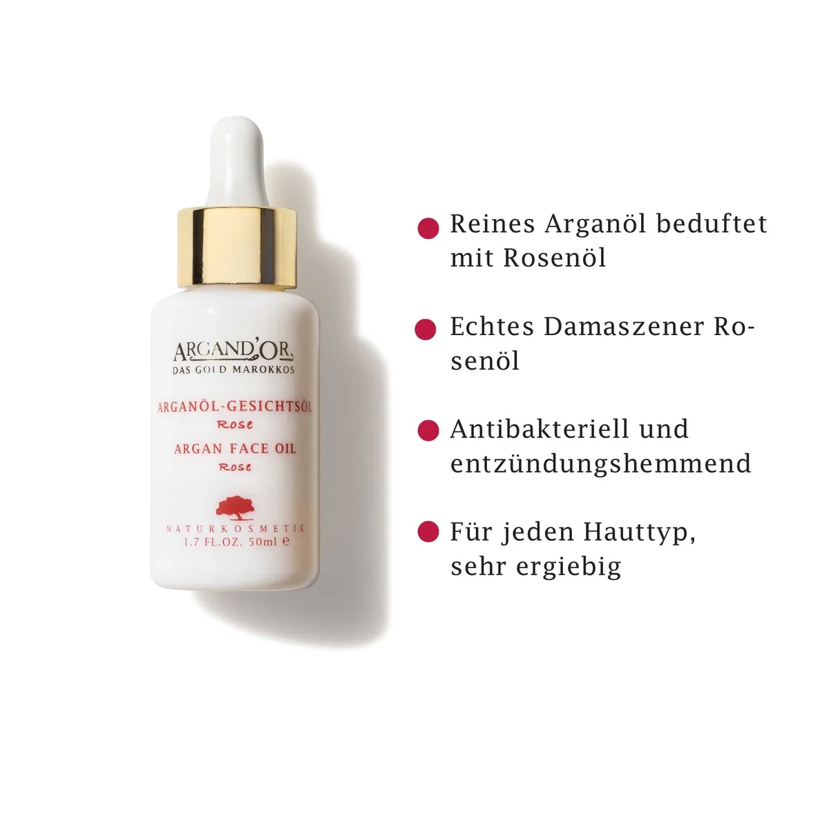 ARGANDOR Bio Arganöl-Gesichtsöl „Rose“ 50ml - Pflegt - Regeneriert - Spendet Feuchtigkeit - Mit hygienischer Pipette - Für alle Haut-Typen - Vegane Naturkosmetik