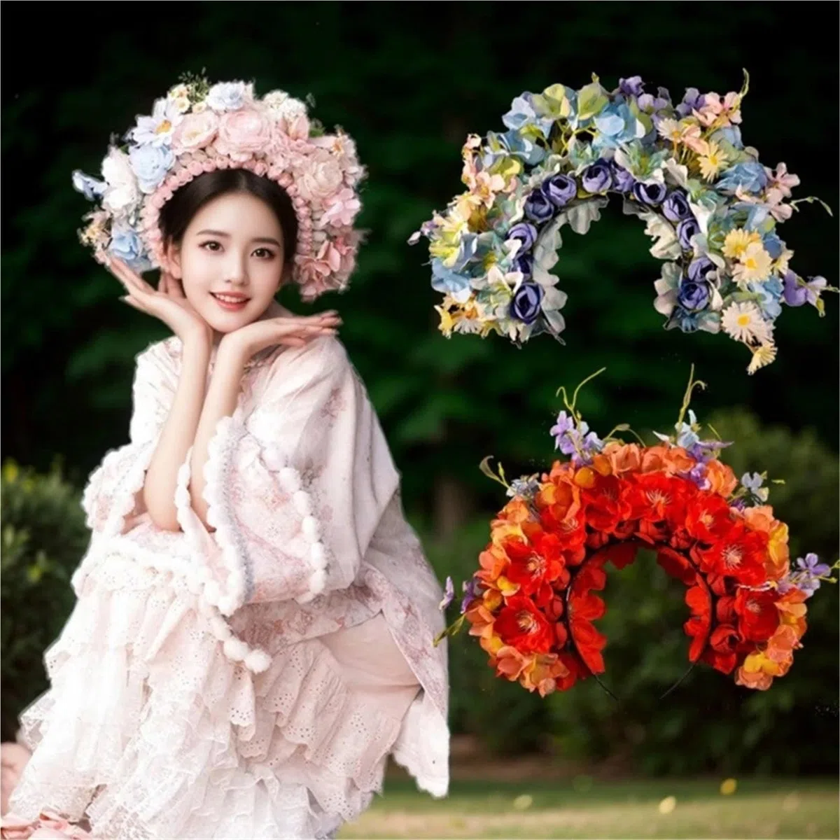 Blumenkranz Haare Buntes Blumen-Stirnband, doppelseitiger Haarkranz, Hochzeits-Party-Kostüm-Kopfschmuck for Braut-Frauen-Haar-Accessoire(Color1)