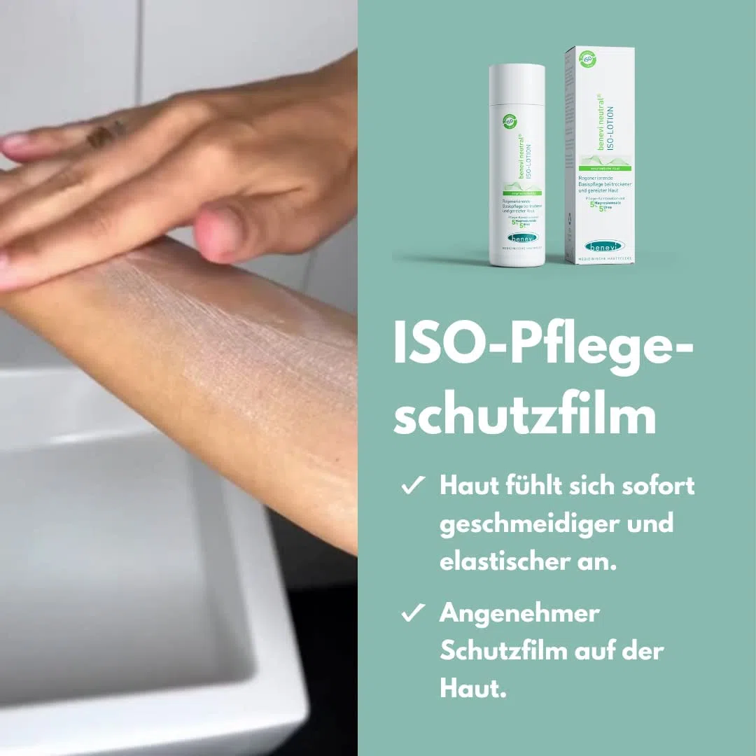 benevi neutral ISO-Lotion 200ml. Bodylotion für sehr trockene, rissige, empfindliche, juckende und schuppende Haut, hinterlässt angenehmen, pflegenden Schutzfilm.