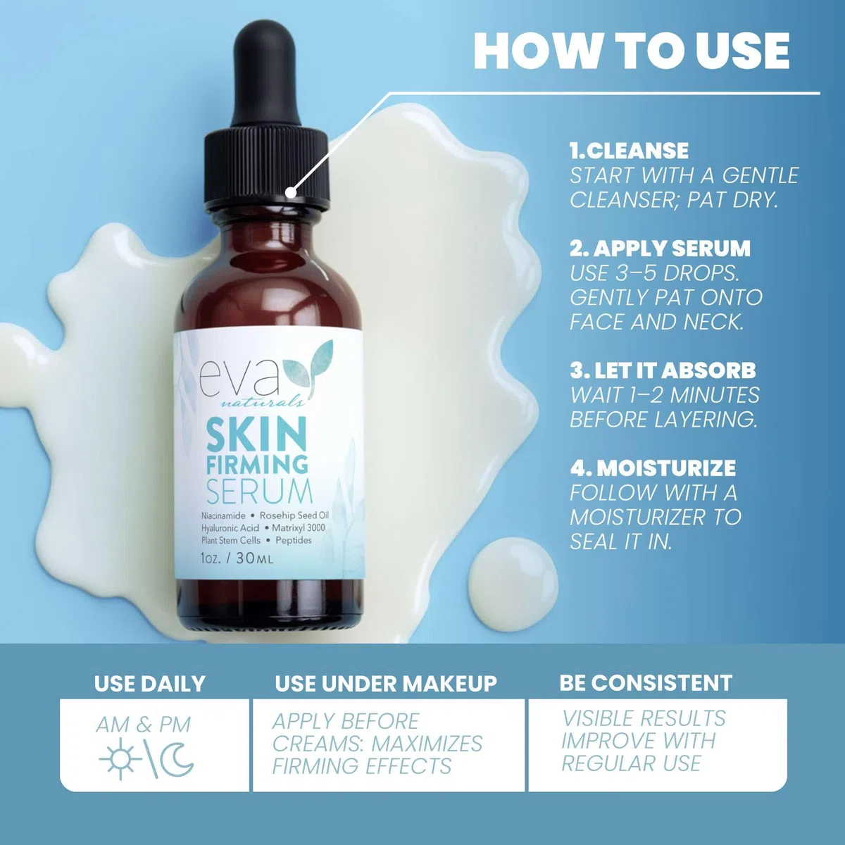 Eva Naturals Hautfestigendes Gesichtsöl (30 ml) – Tages- oder Nachtserum zur Faltenverringerung – Mit Pflanzlichen Aminosäuren, Hyaluron Serum, Peptiden und Niacinamide Serum – Hohe Qualität
