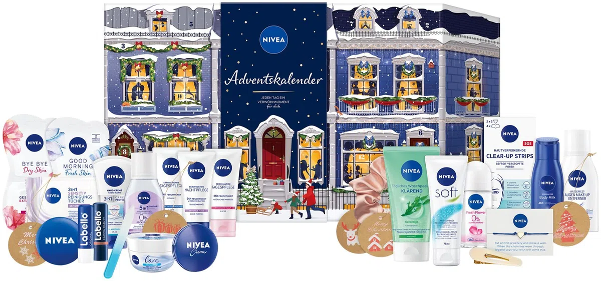 NIVEA Adventskalender 2022 für 24 einzigartige Verwöhnmomente, Weihnachtskalender mit ausgewählten Pflegeprodukten & Accessoires, Pflegeset für die Adventszeit, Blau, 916.0 milliliters