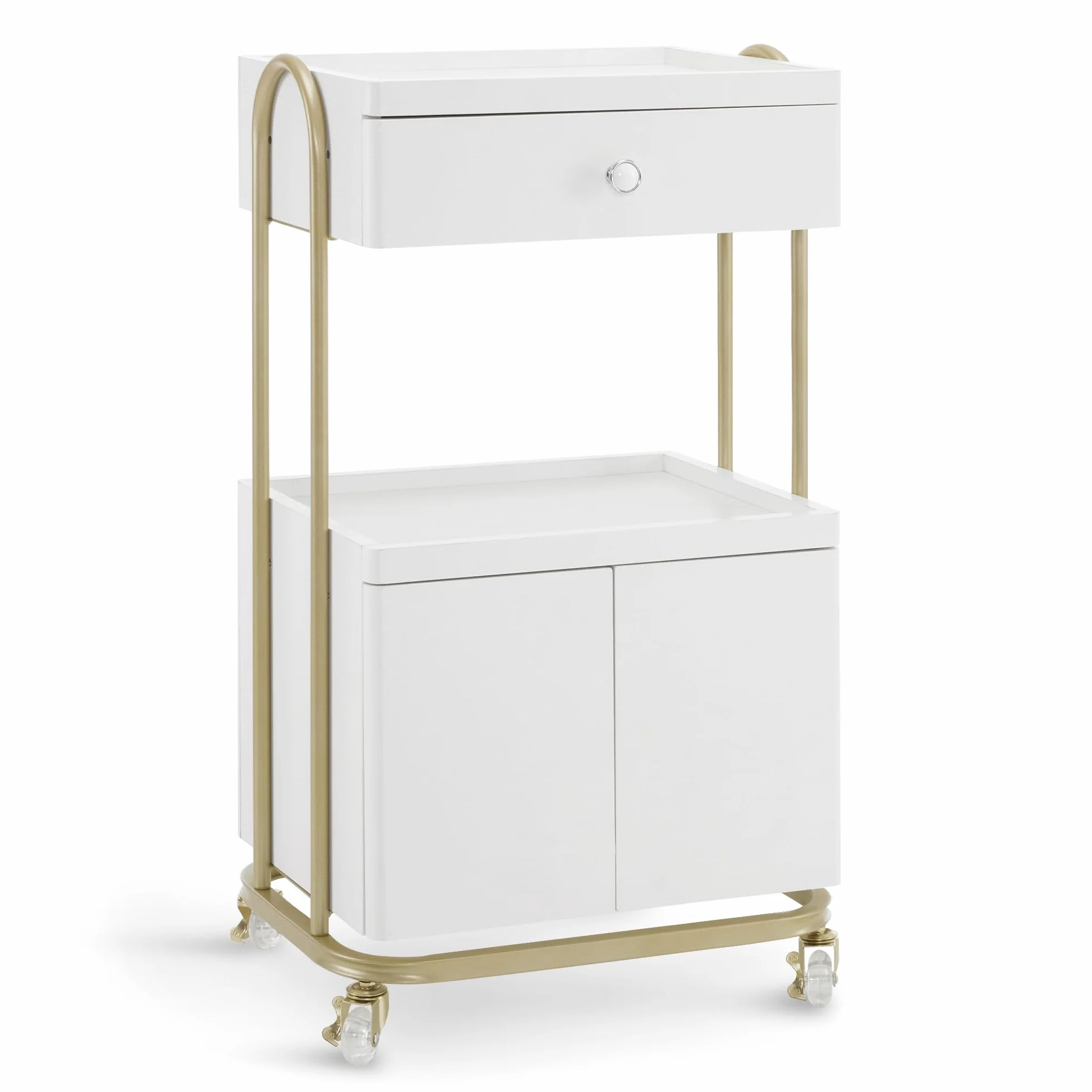 M MCombo Servierwagen mit Rollen & Schublade, Rollwagen Friseurwagen Weiß-Gold, Salon Trolley 36x50x87cm