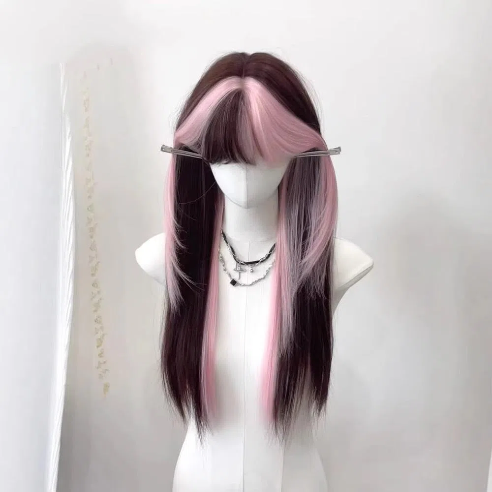 Haarpflege Ombre Rosa Braune Perücke Für Frauen Süße Perücke Mit Pony Hochtemperaturfaser-Perücken Stirnband-Perücken Für Cosplay