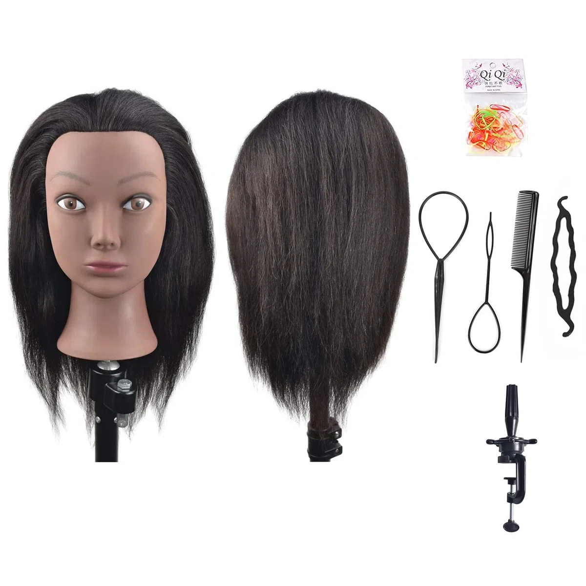 Afro-Mannequin-Kopf aus 100% Echthaar, Friseur-Trainingskopf mit Tischklemme