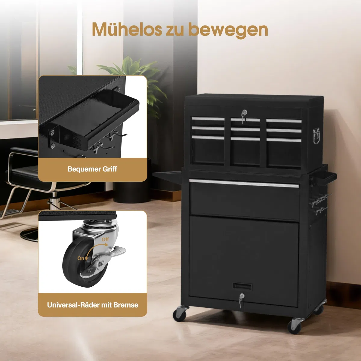 BarberPub 2 in 1 Friseurwagen mit 5 Schubladen & Schrank, abschließbar, Metall, Schwarz-Silber