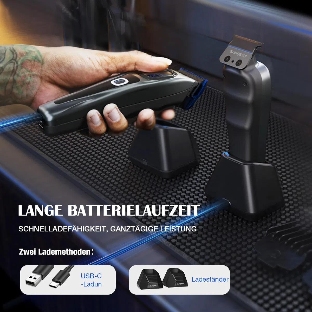 SUPRENT Haarschneidemaschine Herren Profi Titanbeschichtete Fade-Klinge Einstellbares Zero-Gap T-Blade 5 Längenstufen 2500mAh Akku Typ-C Ladestation