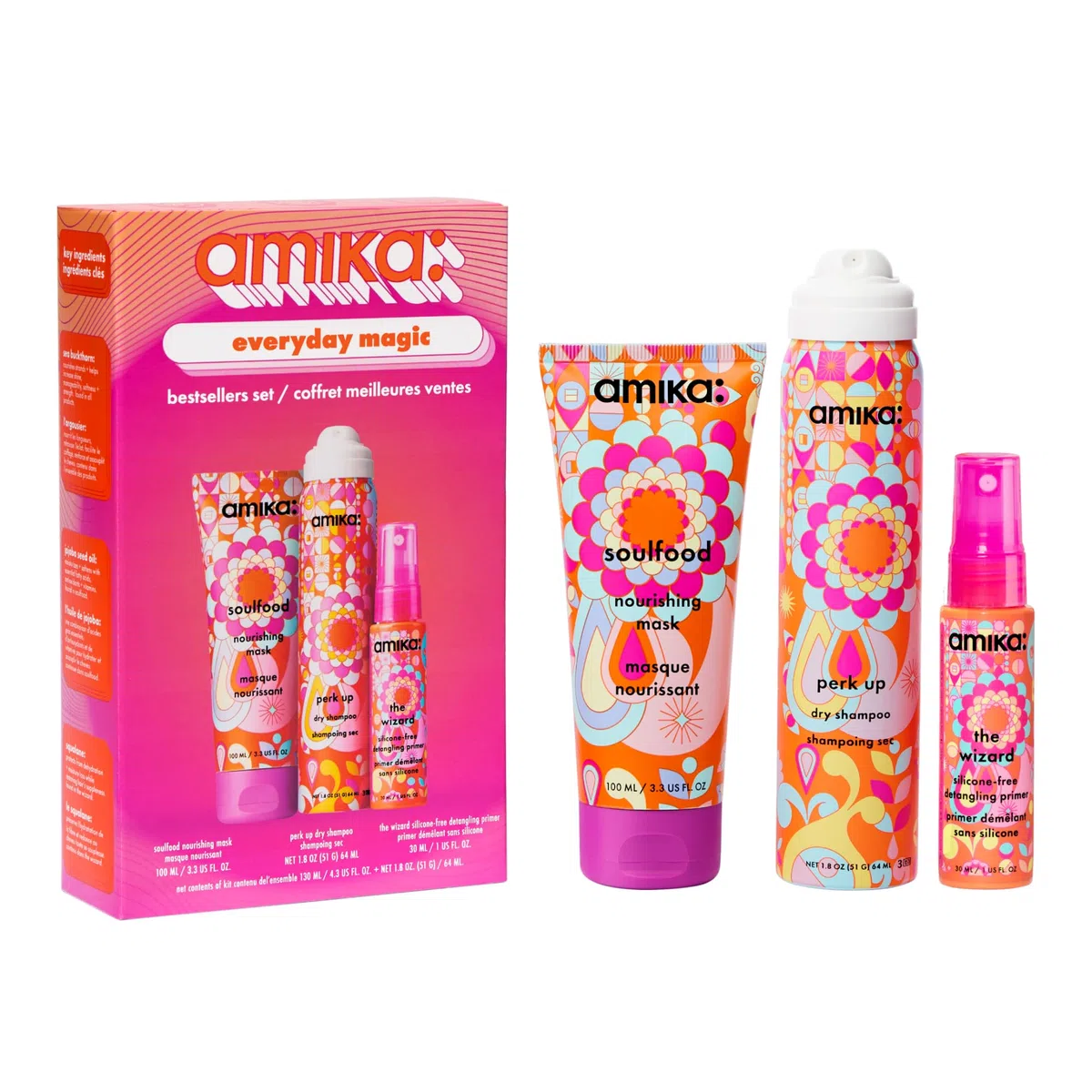 amika Everyday Magic Bestsellers Set - Enthält Reisegröße soulfood pflegende Haarmaske, perk up talkfreies Trockenshampoo Spray + die Wizard silikonfreie Entwirrungsgrundierung (3 Stück)