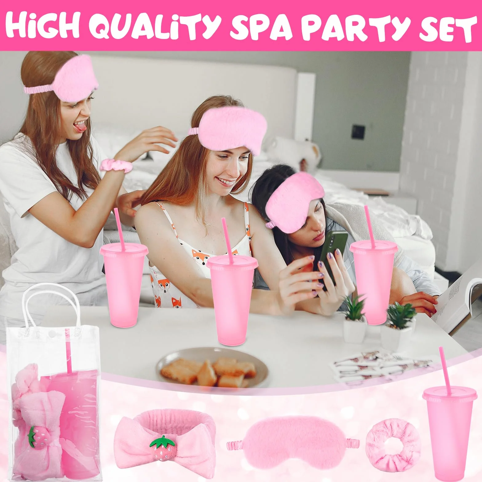 30-teiliges Party-Set, Pyjama, Mädchen, Geschenk, 6 niedliche Haargummis für Frauen, 6 Spa, Schlafmasken aus Plüsch, Rosa, 6 wiederverwendbare Paillettenbecher, 6 Make-up-Stirnbänder, 6
